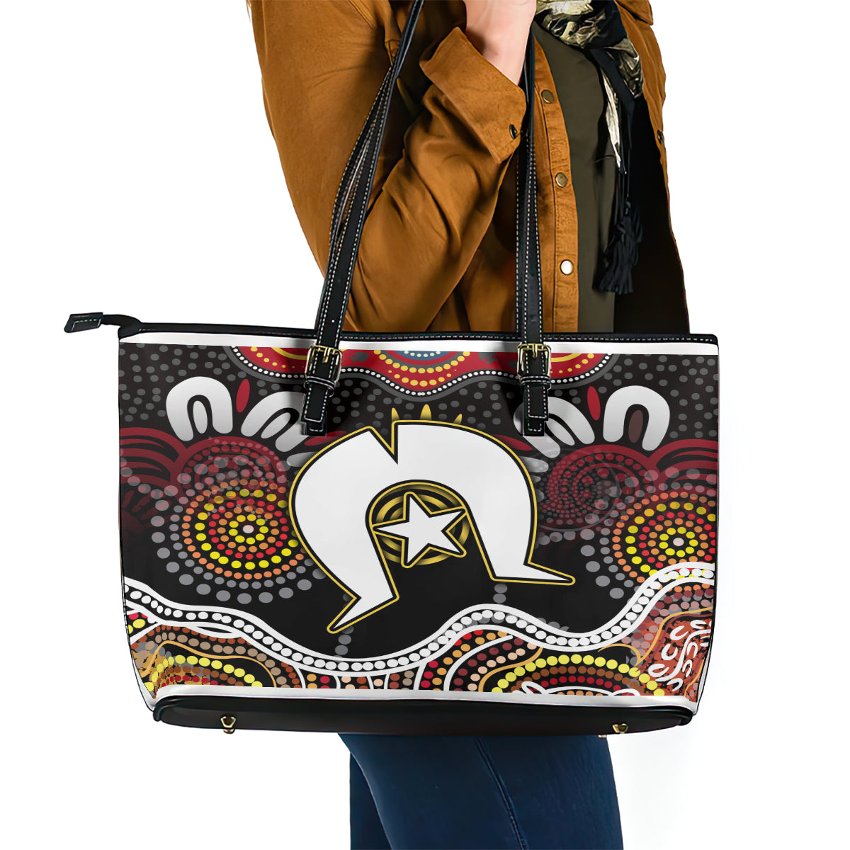 Torest Trait Islands Mix Aboriginal Pattern Leather Tote Bag