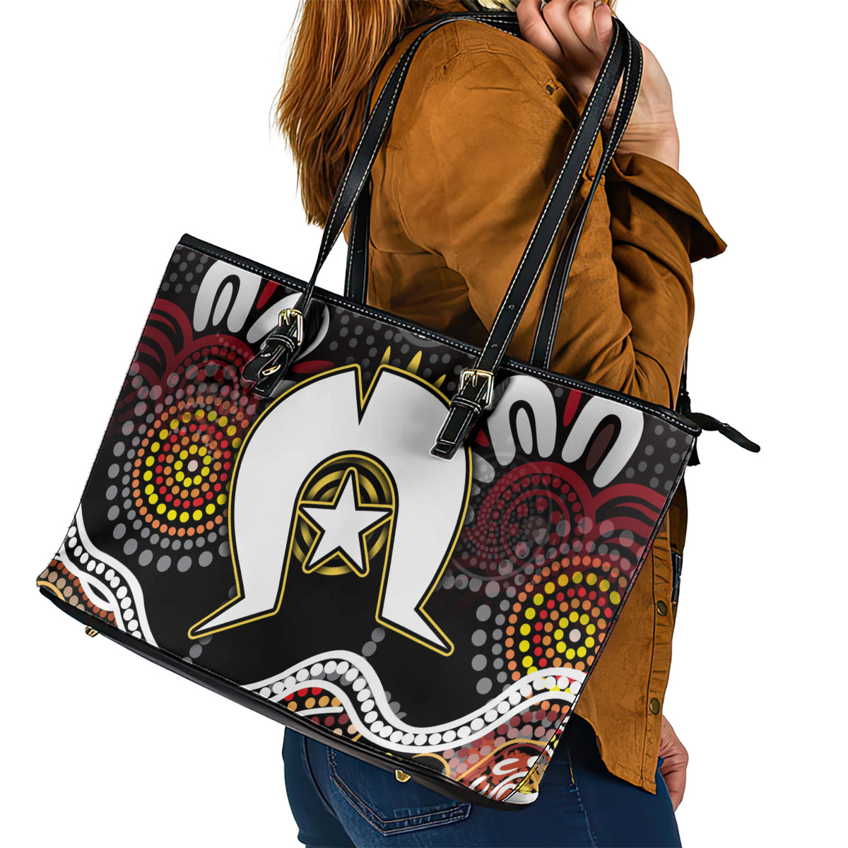 Torest Trait Islands Mix Aboriginal Pattern Leather Tote Bag