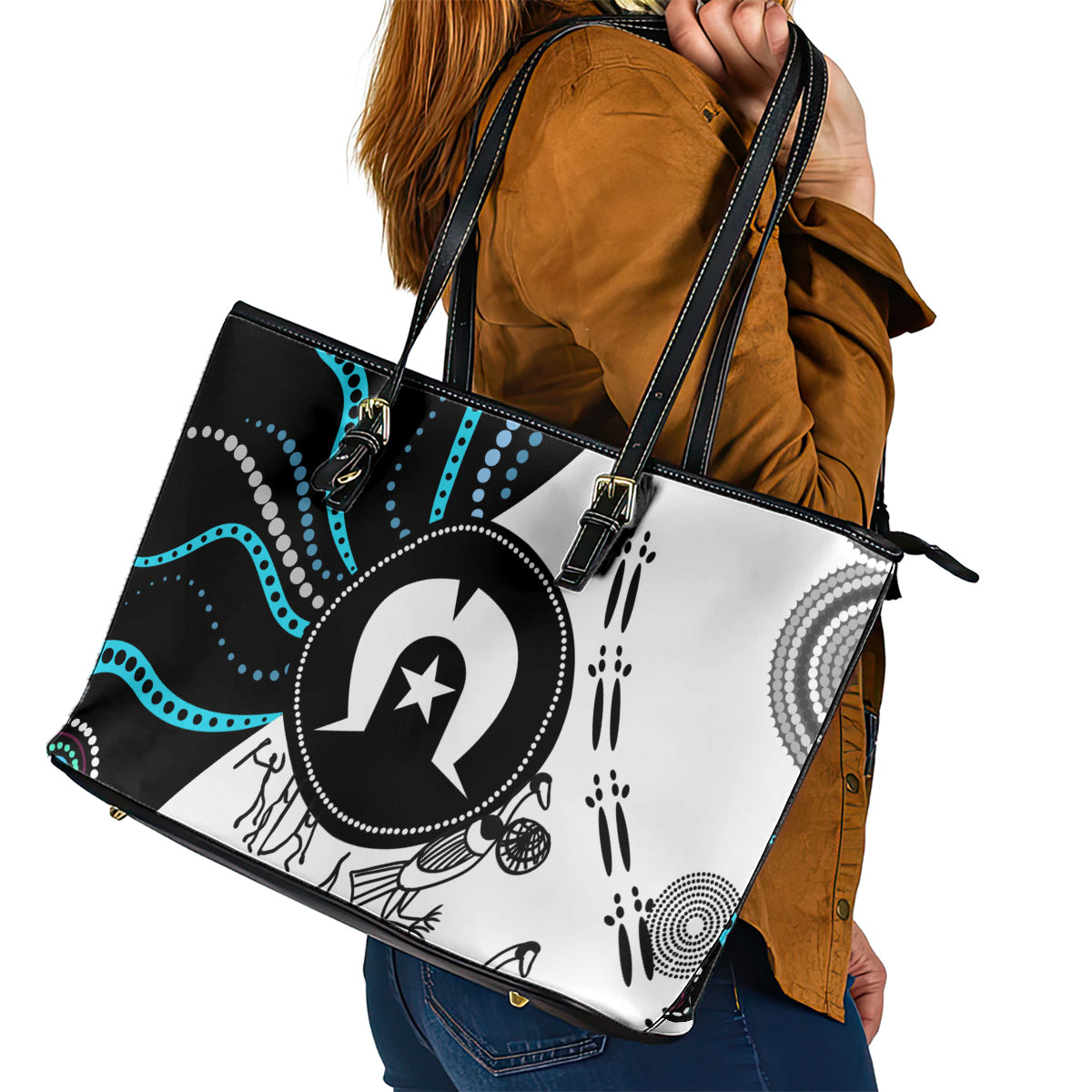 Aboriginal Pattern Torest  Strait Island Leather Tote Bag