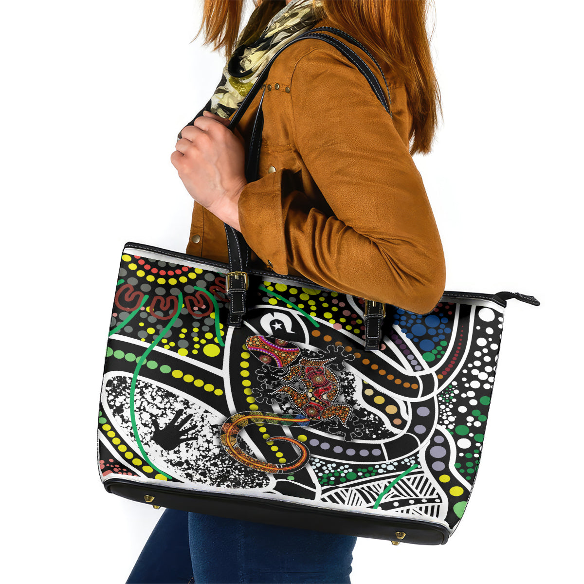 Aboriginal Lizzard Pattern Dot Art Leather Tote Bag