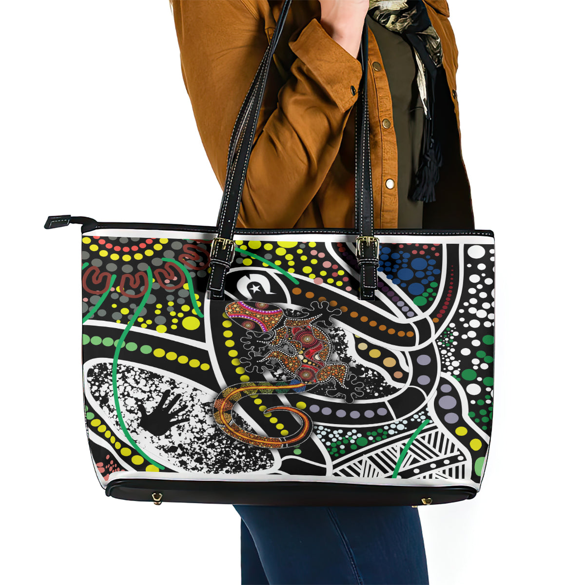 Aboriginal Lizzard Pattern Dot Art Leather Tote Bag