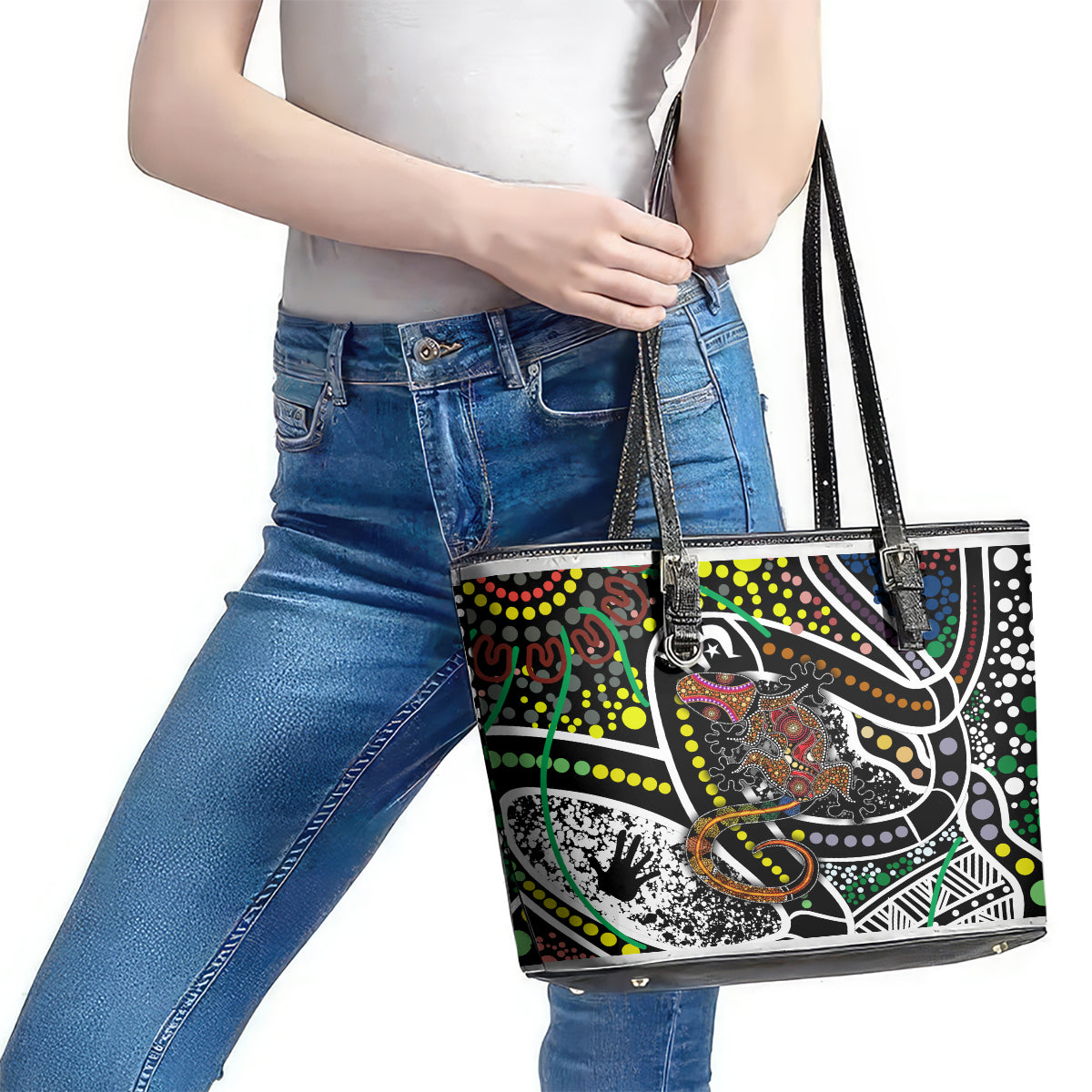 Aboriginal Lizzard Pattern Dot Art Leather Tote Bag