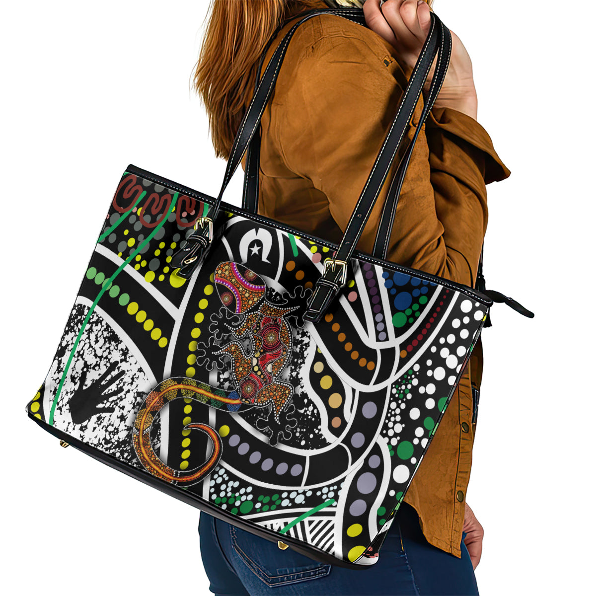 Aboriginal Lizzard Pattern Dot Art Leather Tote Bag