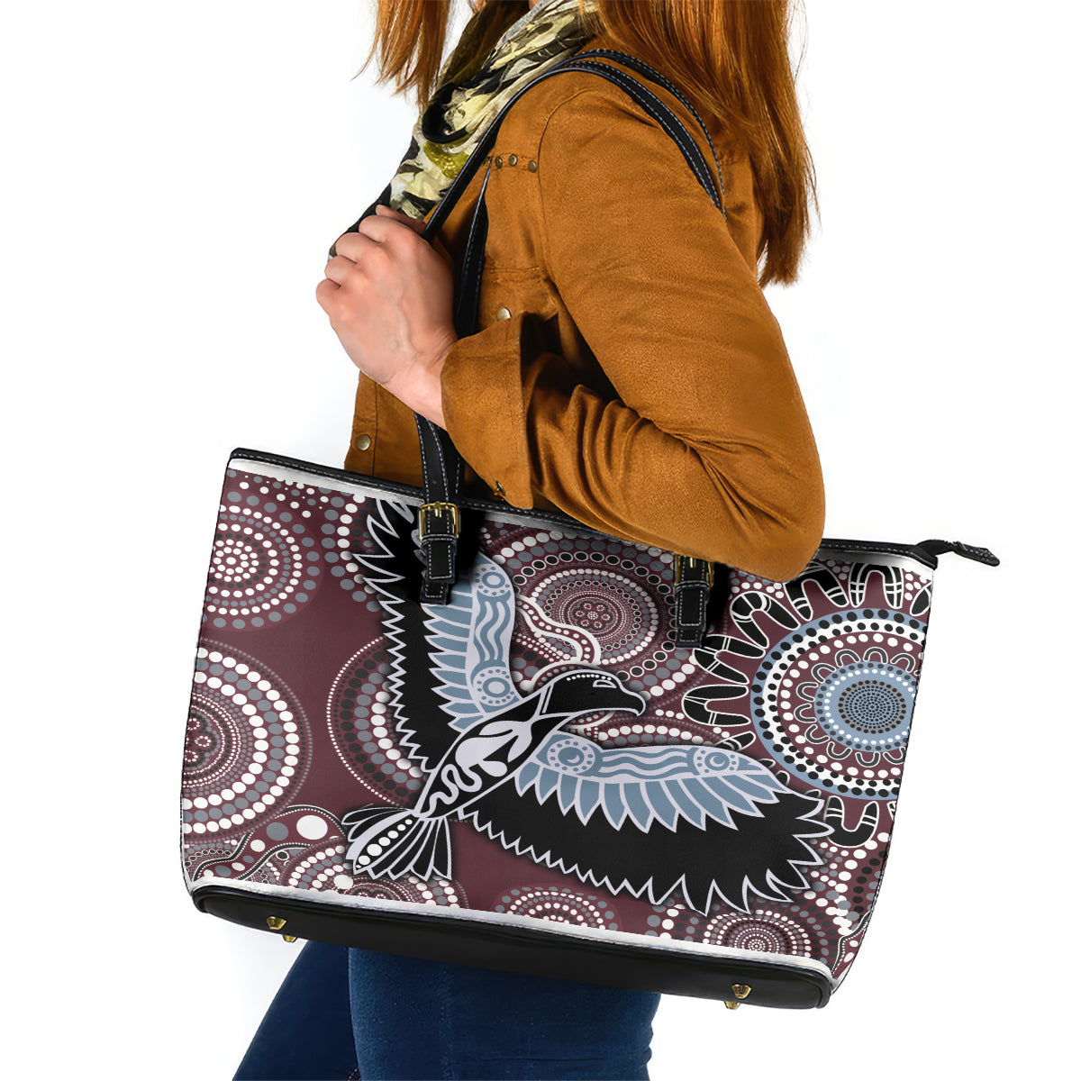 Aboriginal Pattern Bird Leather Tote Bag