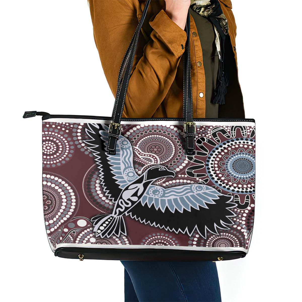 Aboriginal Pattern Bird Leather Tote Bag