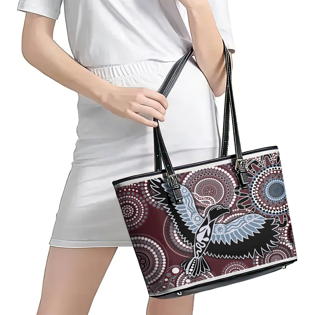 Aboriginal Pattern Bird Leather Tote Bag