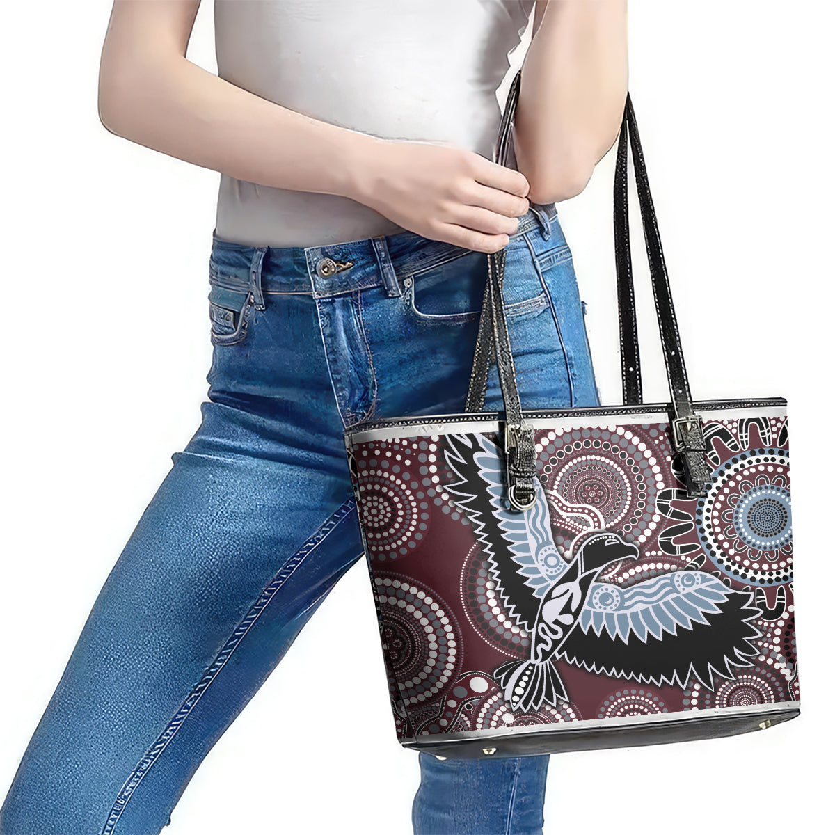 Aboriginal Pattern Bird Leather Tote Bag