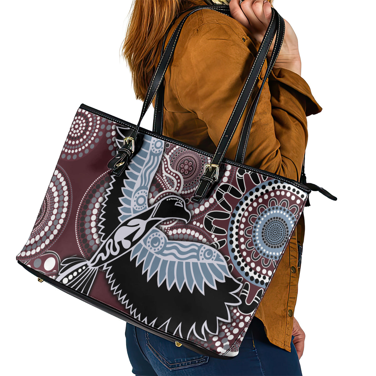 Aboriginal Pattern Bird Leather Tote Bag