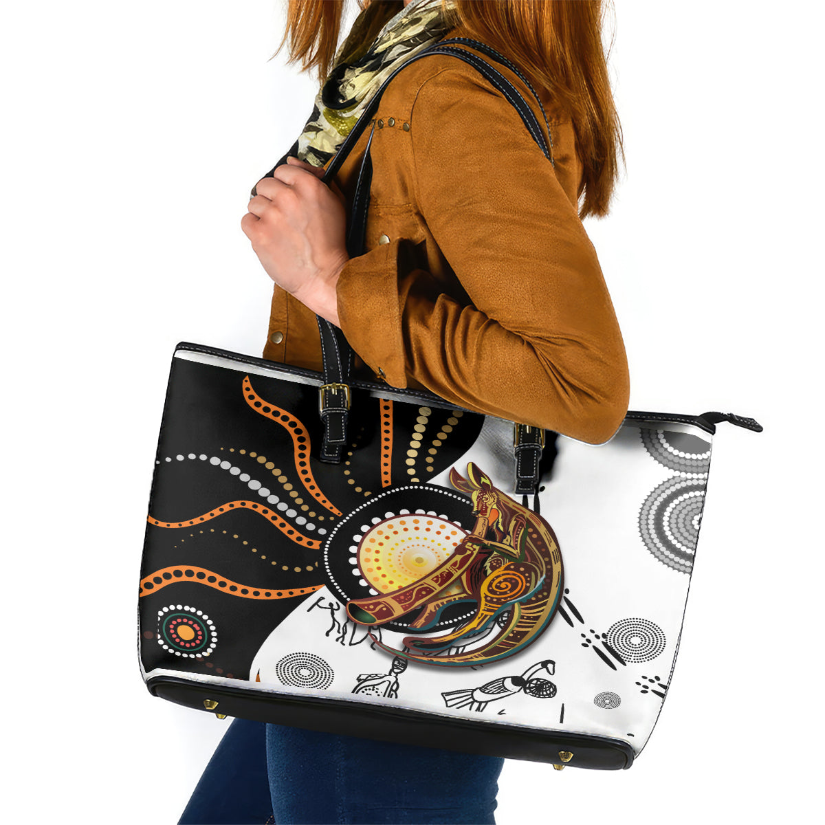 Aboriginal Kangaroo Pattern Dot Art Leather Tote Bag