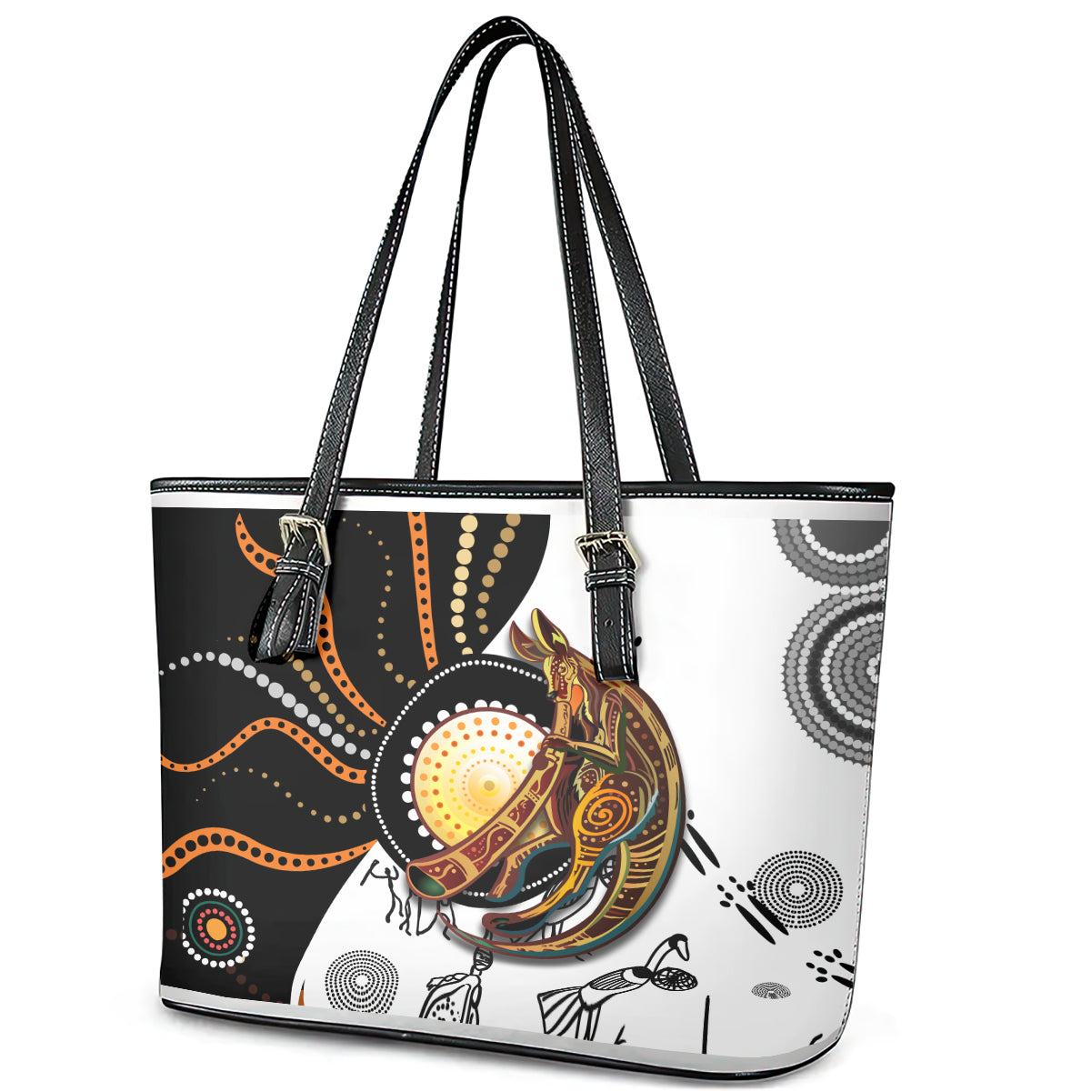 Aboriginal Kangaroo Pattern Dot Art Leather Tote Bag