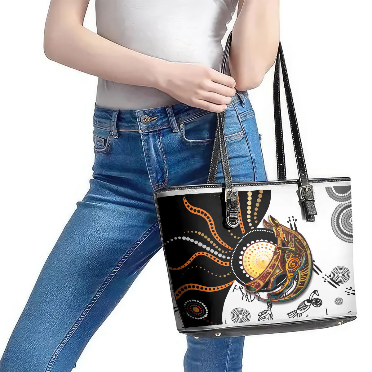 Aboriginal Kangaroo Pattern Dot Art Leather Tote Bag