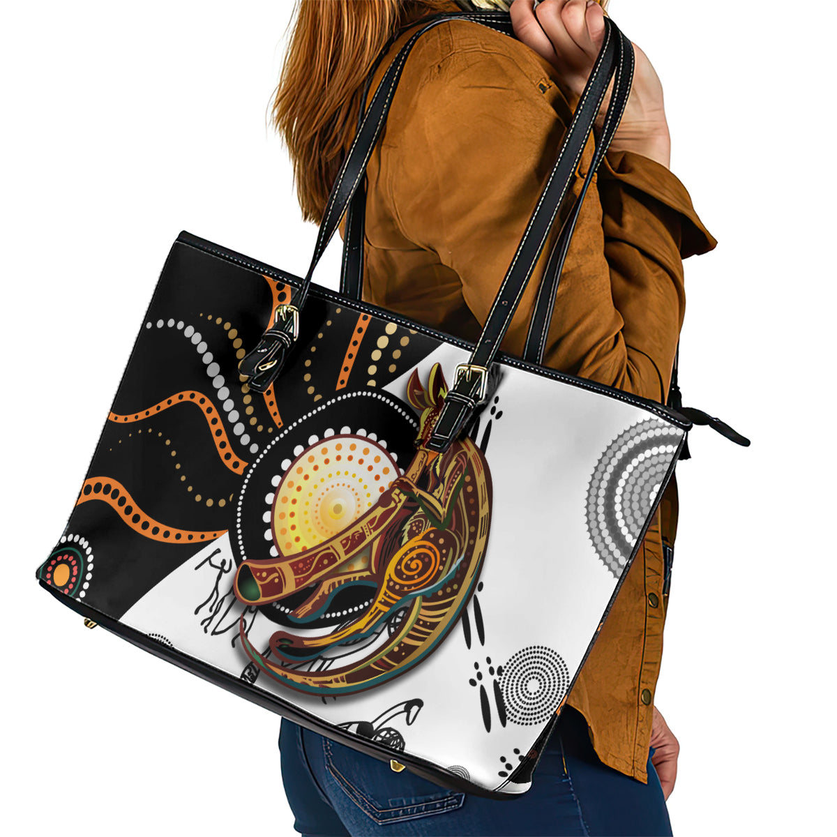 Aboriginal Kangaroo Pattern Dot Art Leather Tote Bag