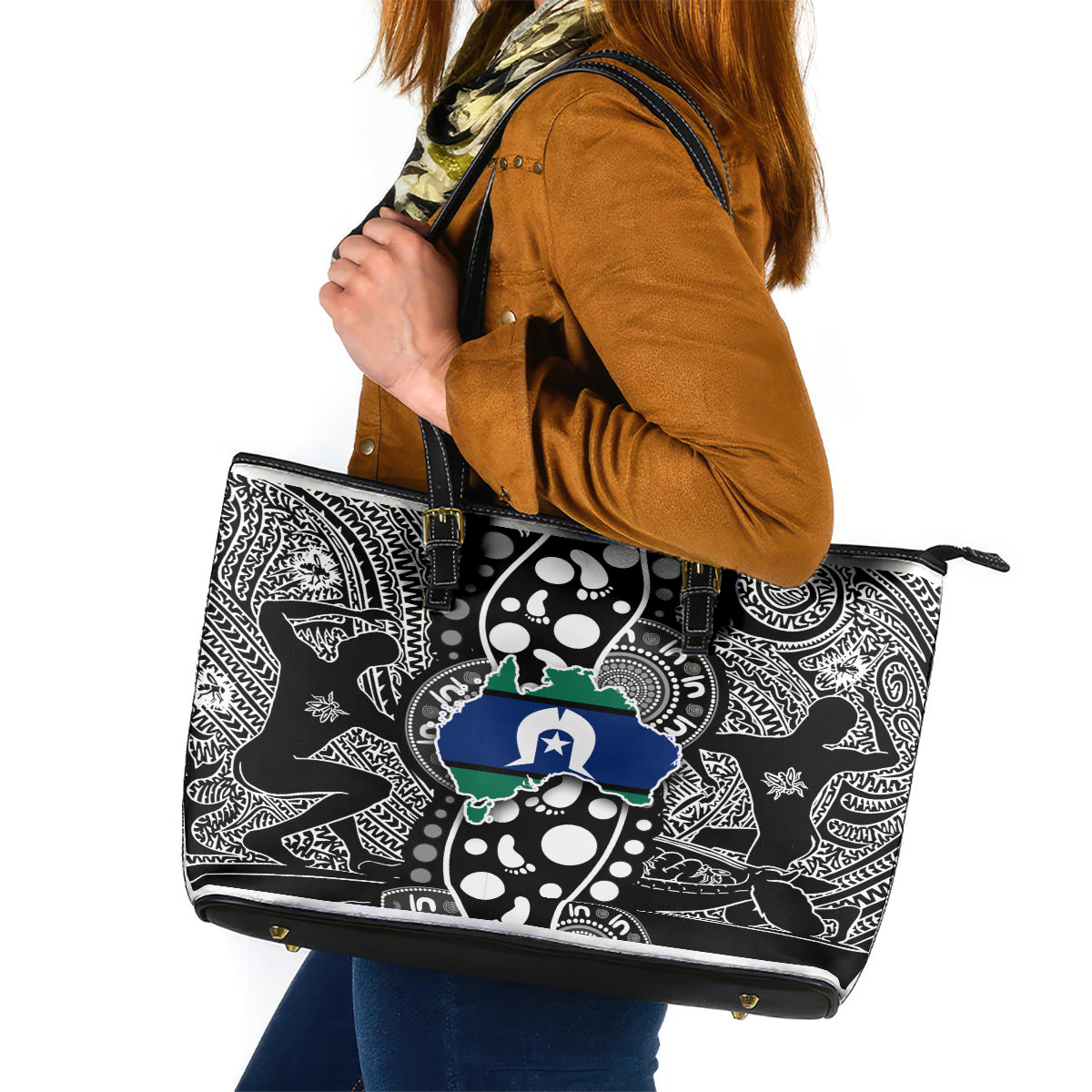 Torest Trait Islands Map Mix Aboriginal Pattern Leather Tote Bag