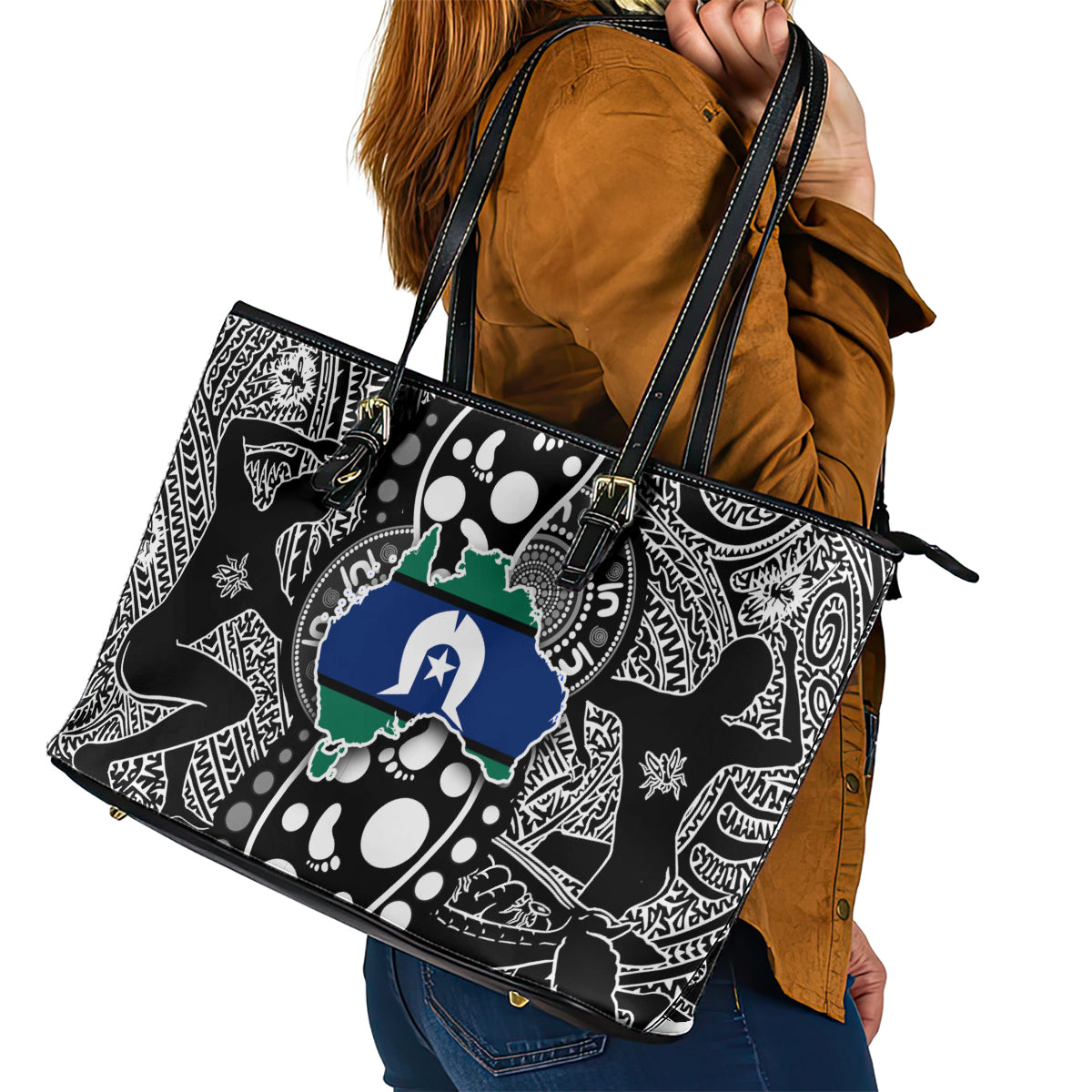 Torest Trait Islands Map Mix Aboriginal Pattern Leather Tote Bag