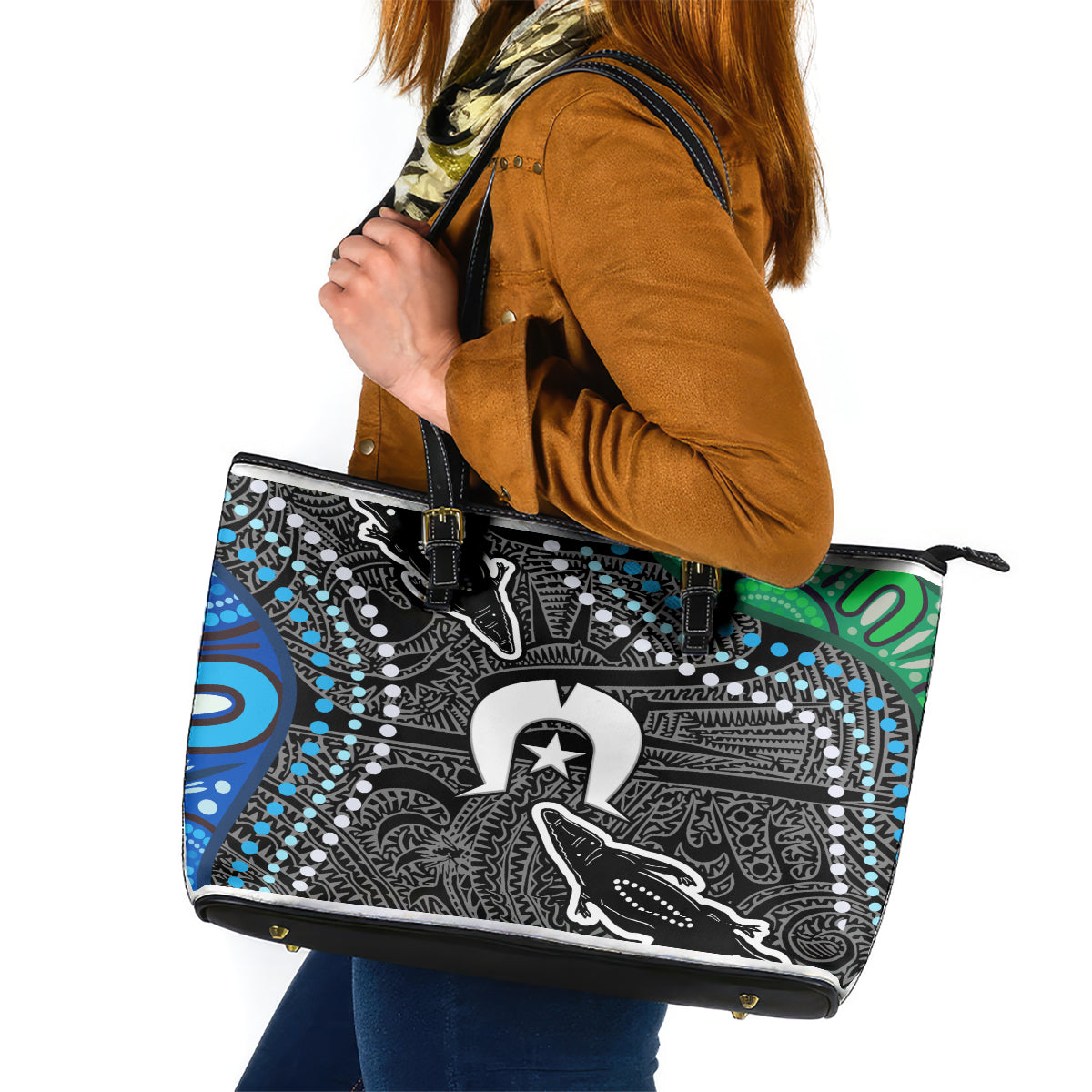 Torest Trait Islands Mix Crocodine Aboriginal Pattern Leather Tote Bag