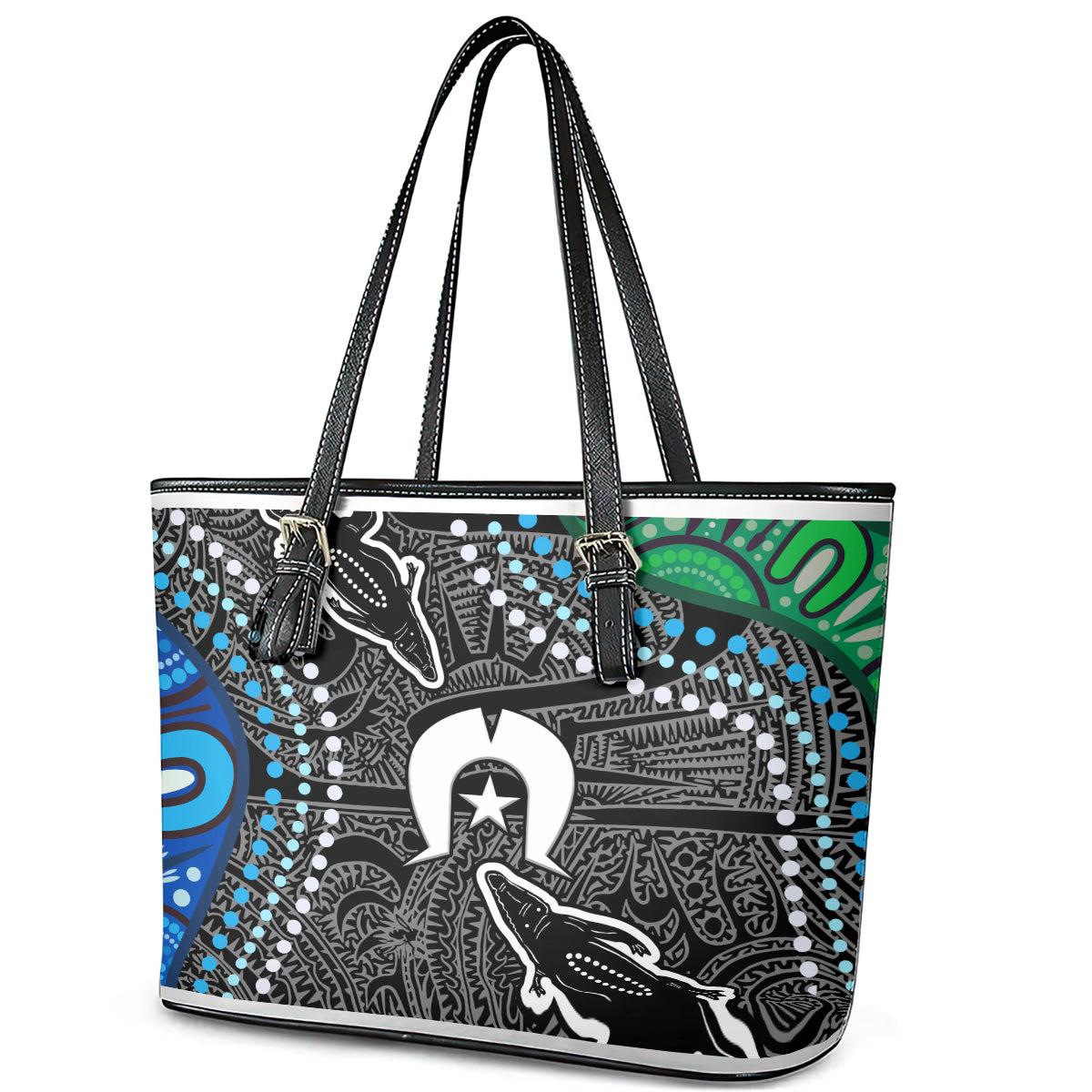 Torest Trait Islands Mix Crocodine Aboriginal Pattern Leather Tote Bag