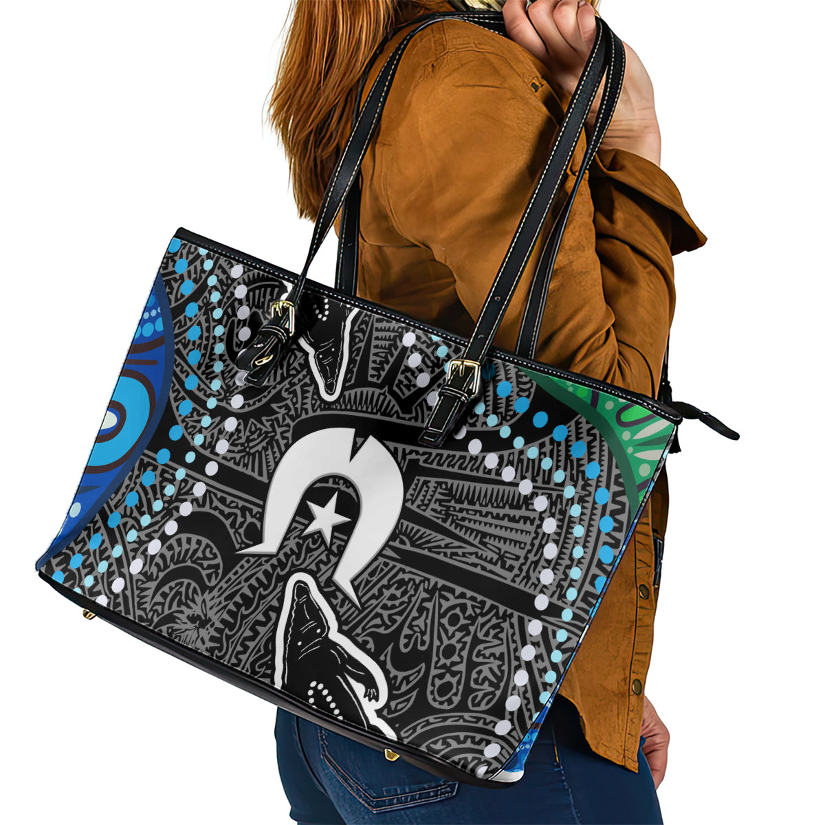 Torest Trait Islands Mix Crocodine Aboriginal Pattern Leather Tote Bag