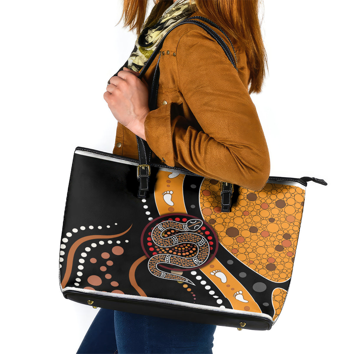 Aboriginal Snake Pattern Dot Art Leather Tote Bag