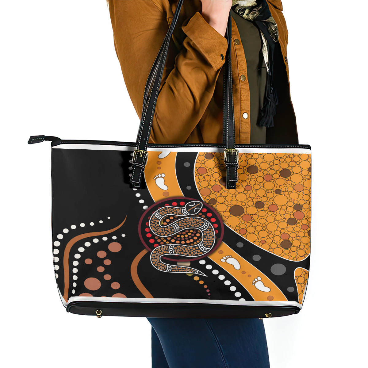 Aboriginal Snake Pattern Dot Art Leather Tote Bag