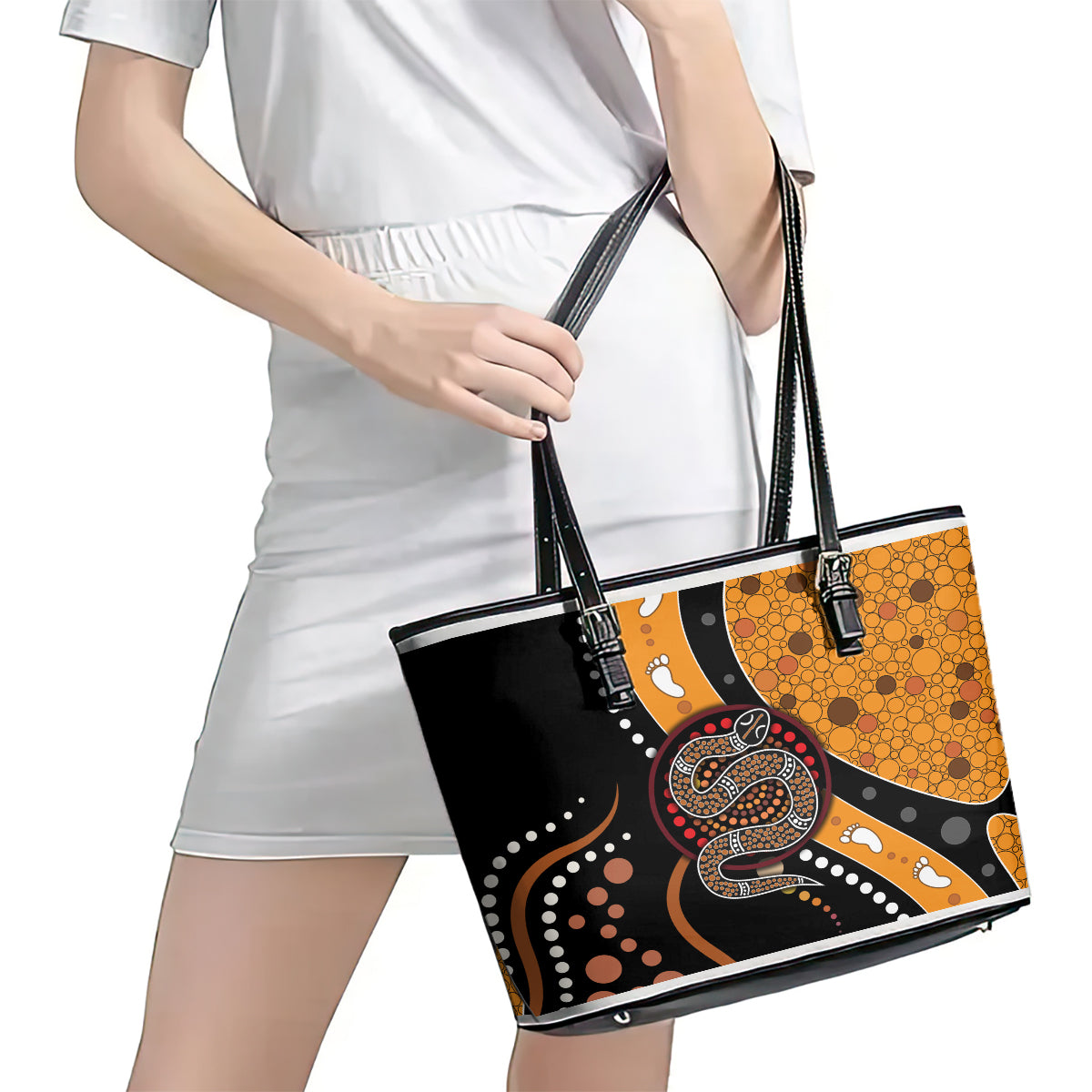 Aboriginal Snake Pattern Dot Art Leather Tote Bag