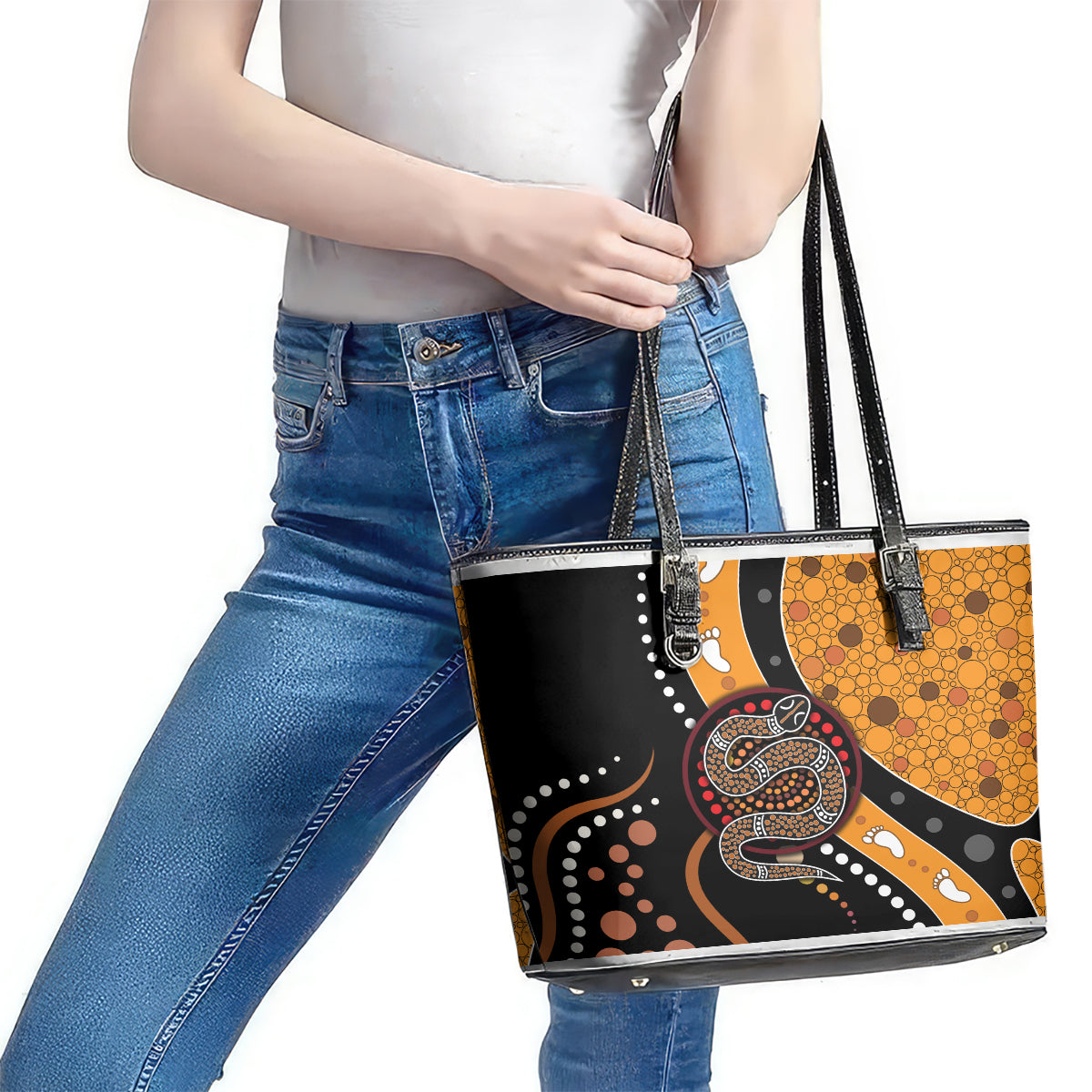 Aboriginal Snake Pattern Dot Art Leather Tote Bag