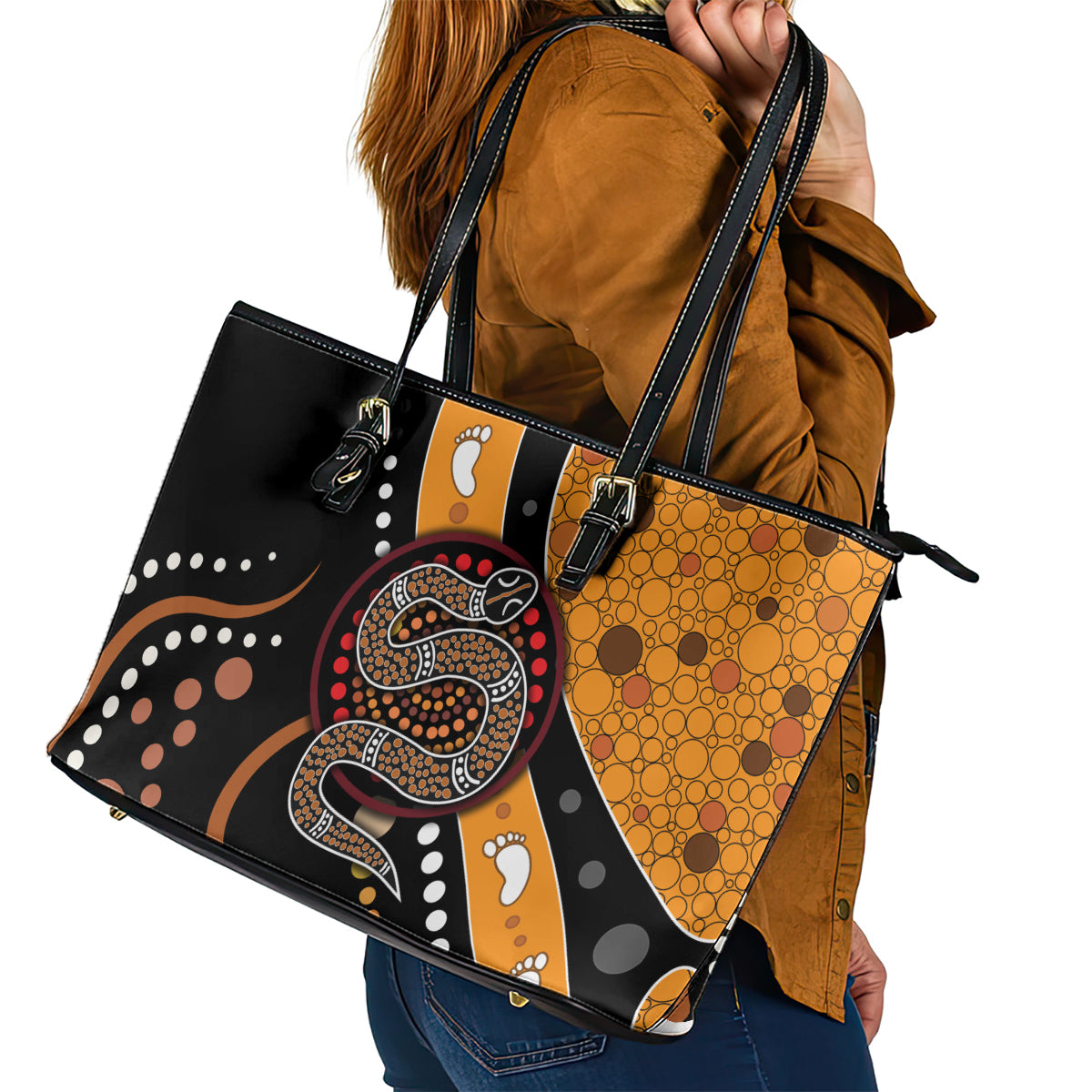 Aboriginal Snake Pattern Dot Art Leather Tote Bag