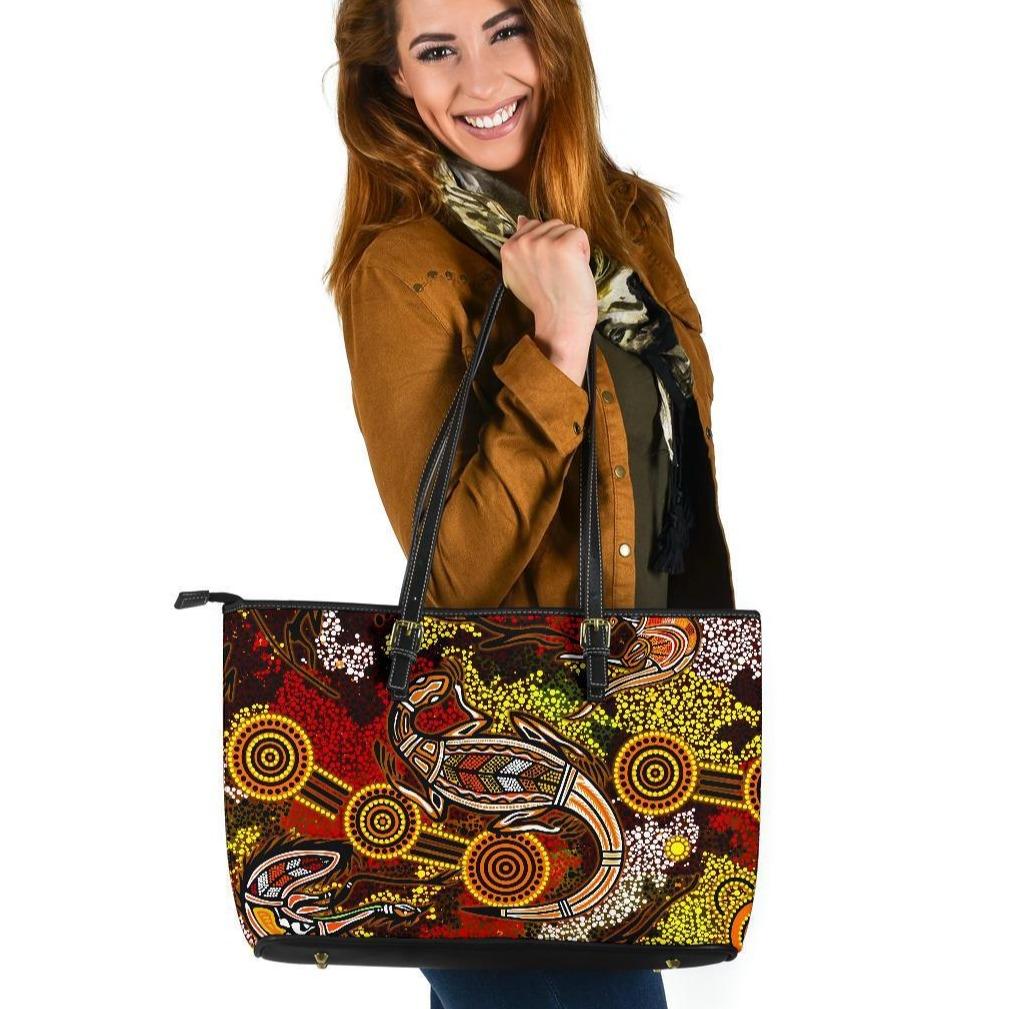 aboriginal-leather-tote-bag-kangaroo-and-lizard-dot-painting-art