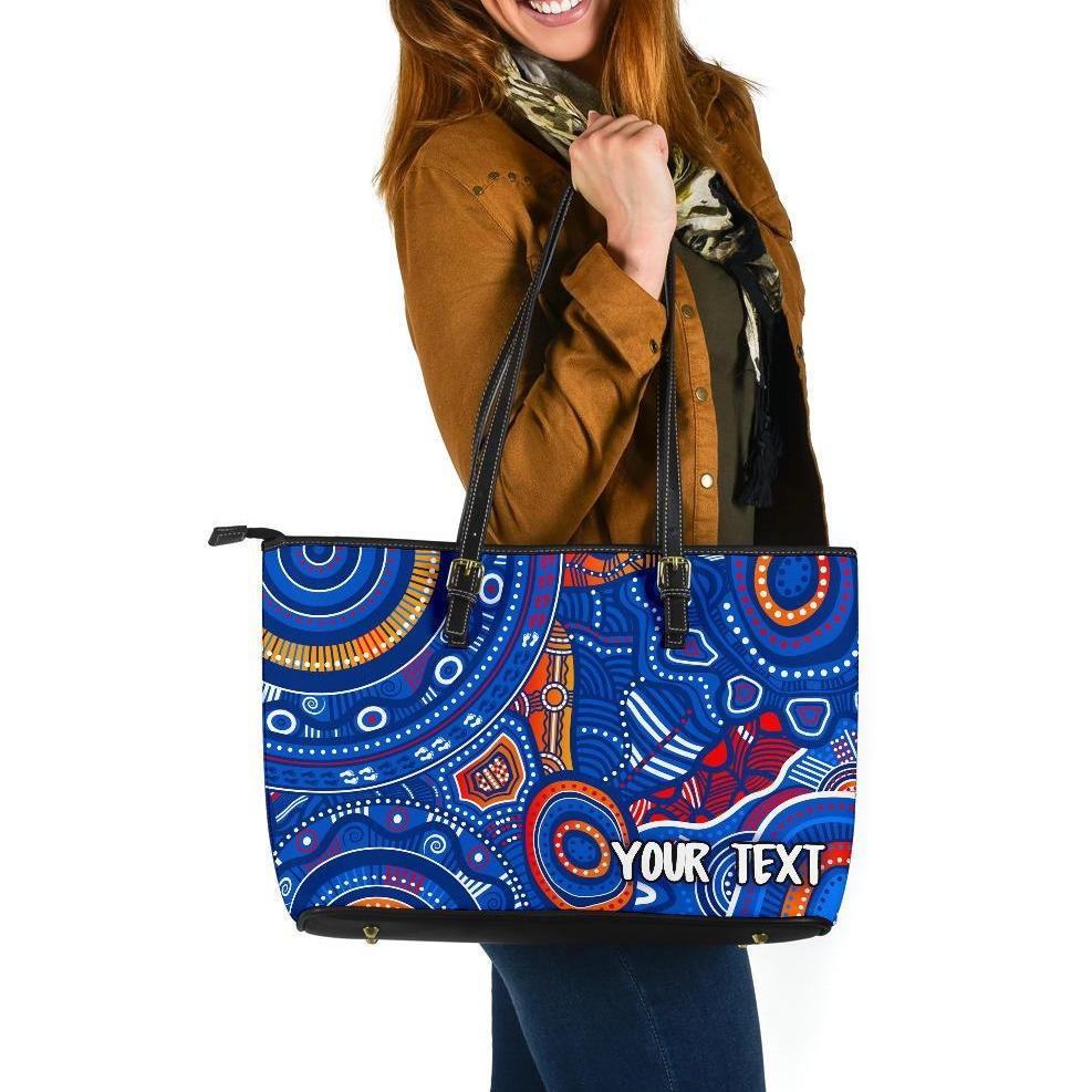 custom-text-aboriginal-large-leather-tote-bag-indigenous-footprint-patterns-blue-color