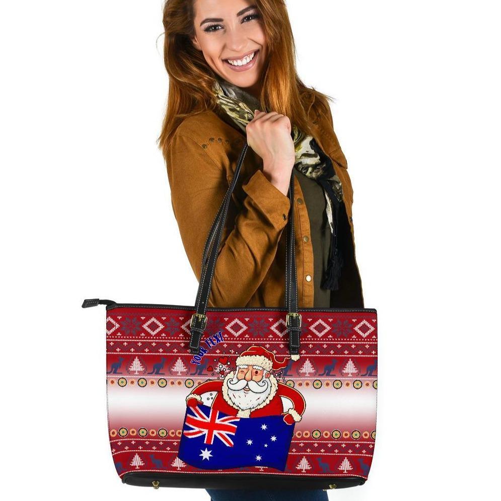 christmas-personalised-large-leather-tote-bags-australia-santa-claus-hold-the-flag-red