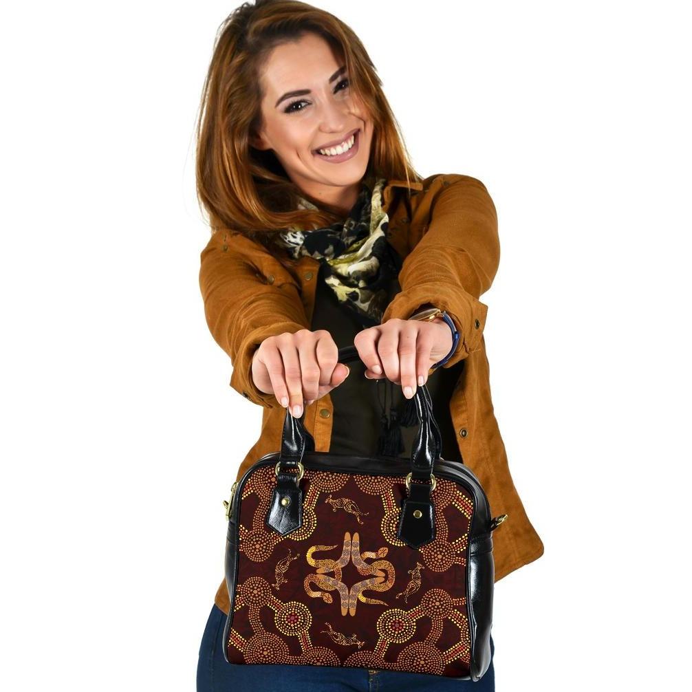 Shoulder Handbag - Aboriginal Dot Painting, Boomerang-Snake-Kangaroo, - Vibe Hoodie