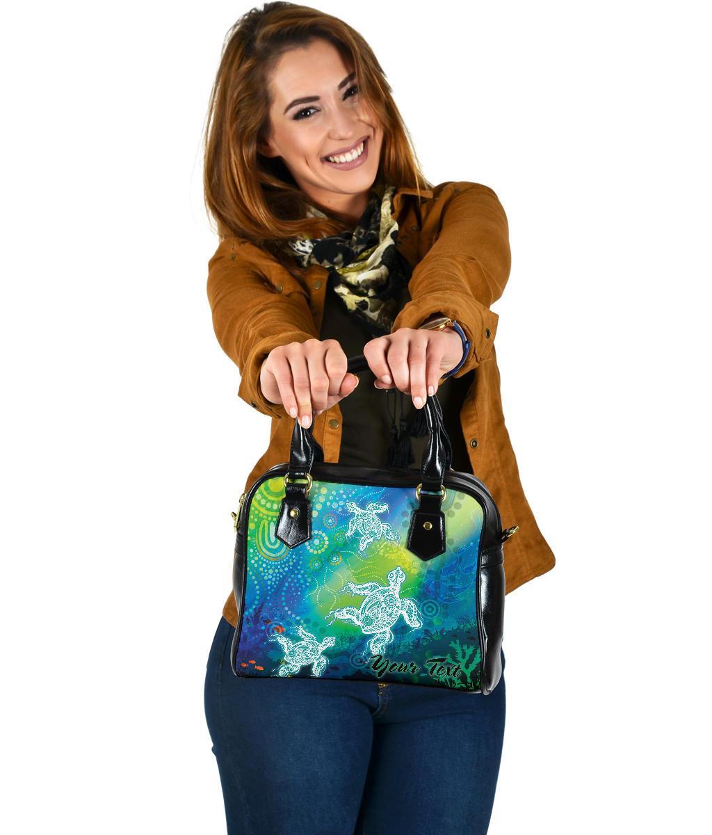 [Custom Text] Aboriginal Shoulder Handbag -  Indigenous Turtle Ocean Dot Painting Art - Vibe Hoodie