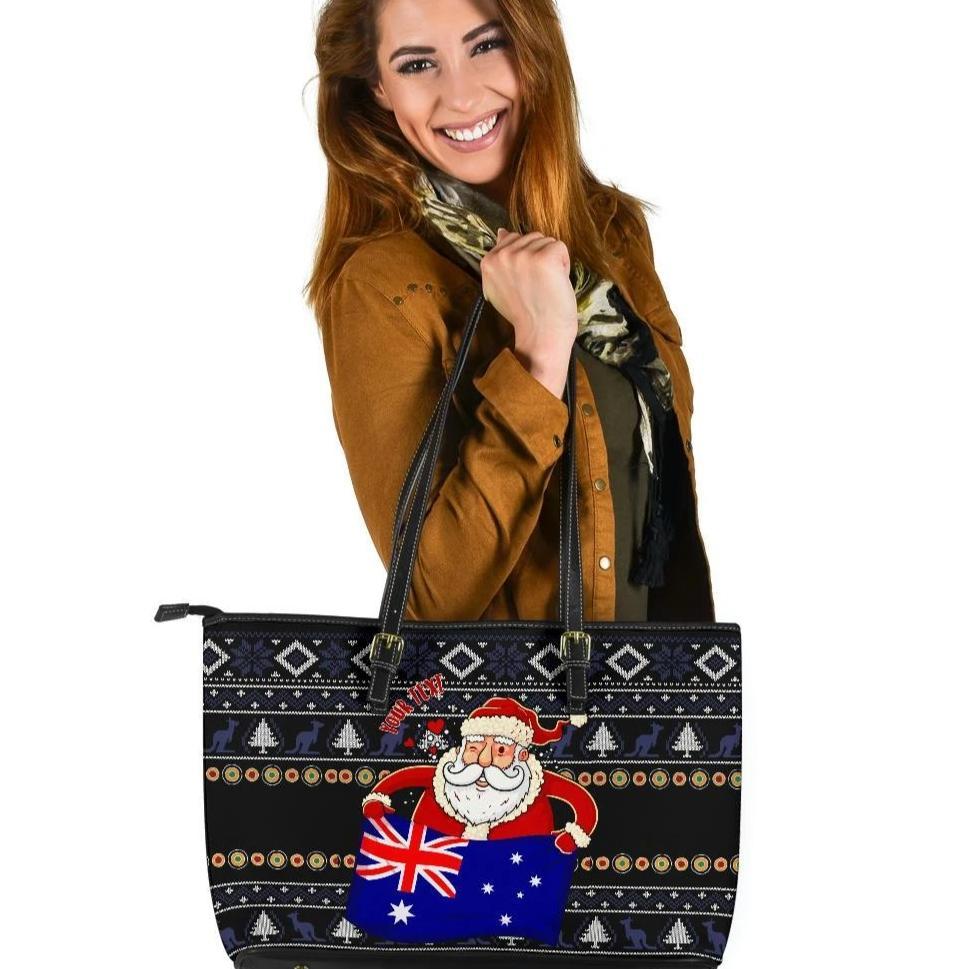 christmas-personalised-leather-tote-bag-australia-santa-claus-hold-the-flag-black