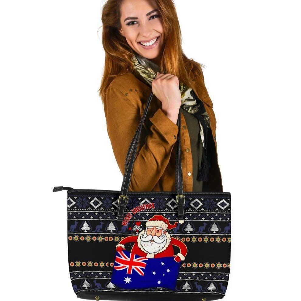 christmas-leather-tote-bag-australia-santa-claus-hold-the-flag-black