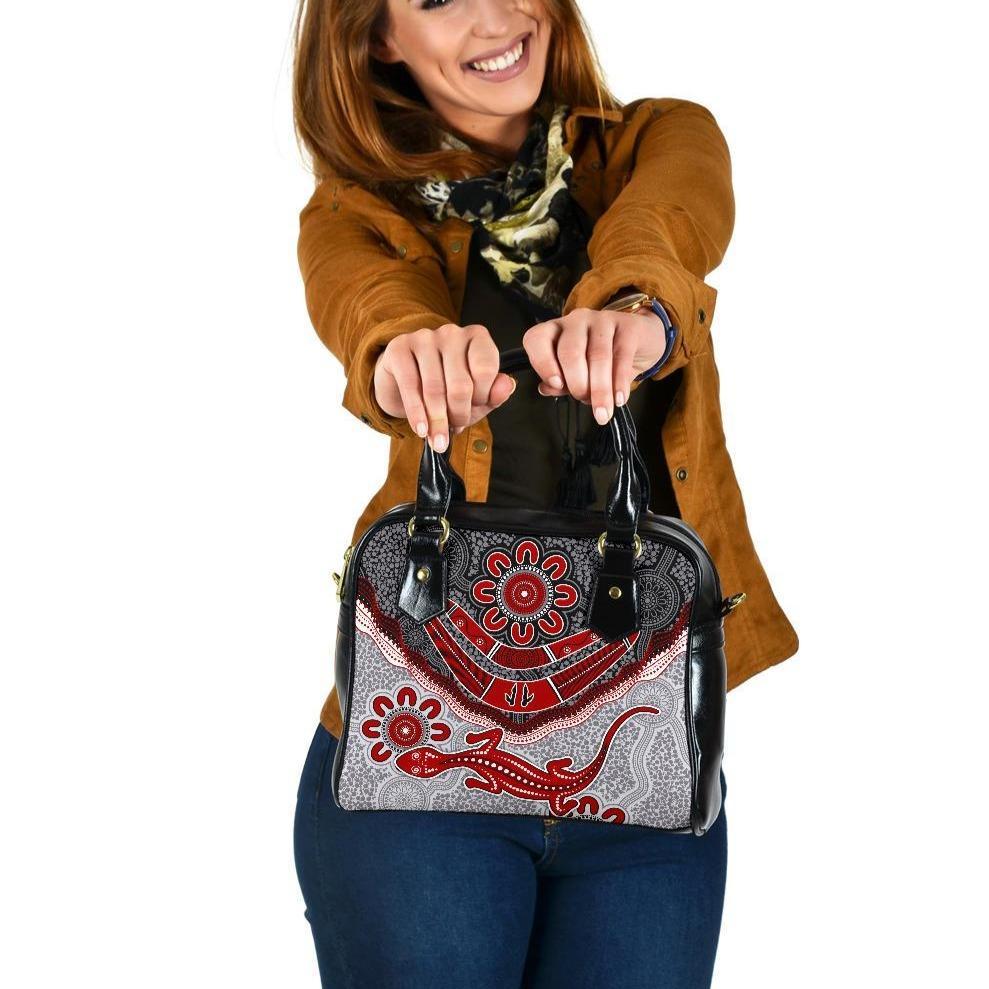 Aboriginal Shoulder Handbag - Indigenous Boomerang and Lizard Art - Vibe Hoodie