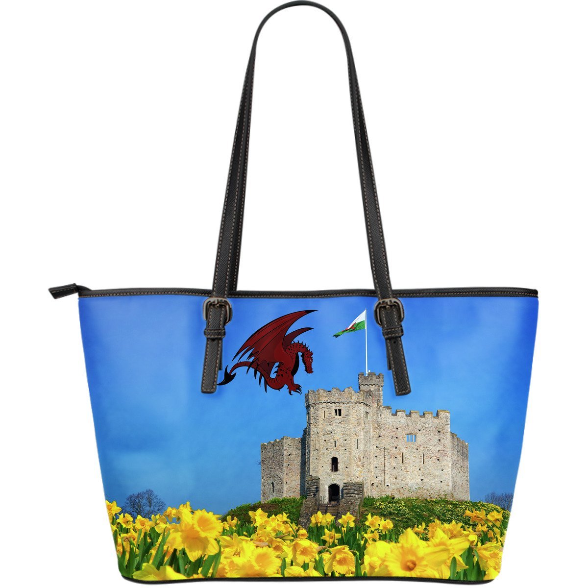 conwy-castle-daffodils-wales-leather-tote-bag