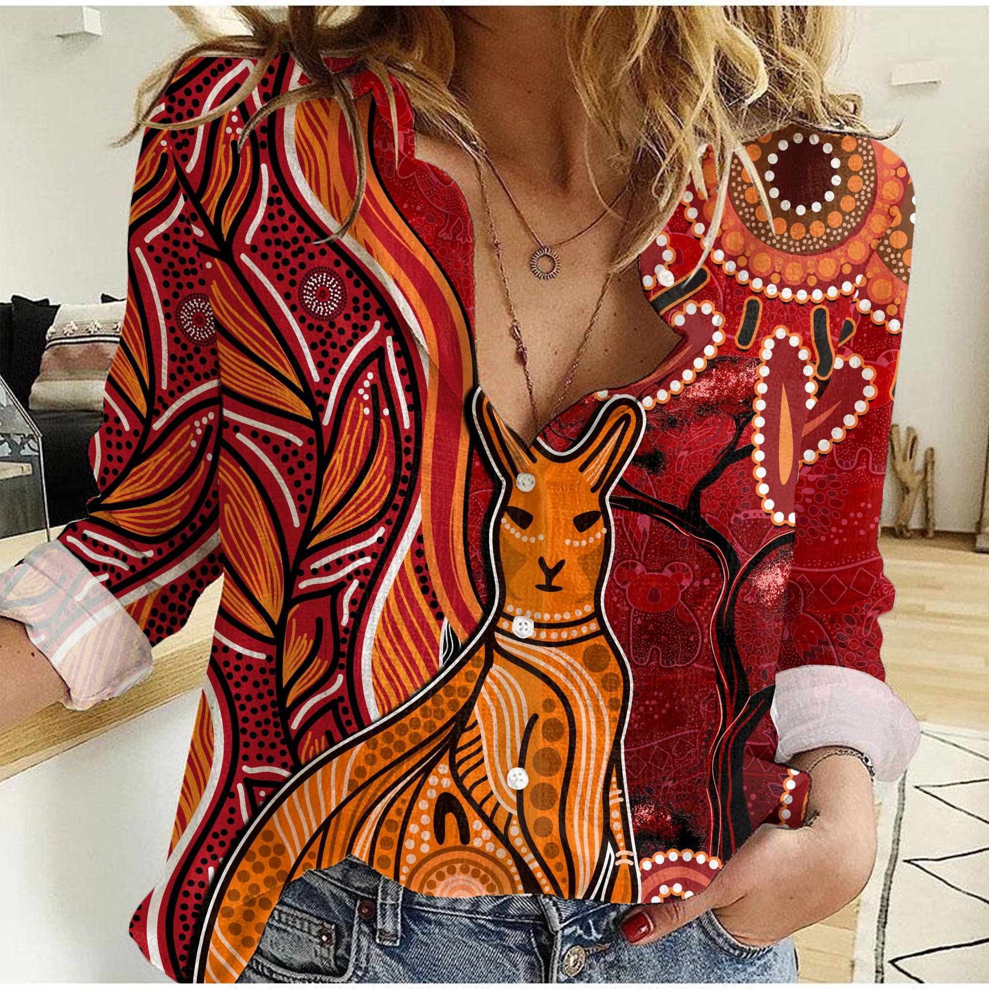 australian-aboriginal-art-women-casual-shirt-aussie-animal-red-version