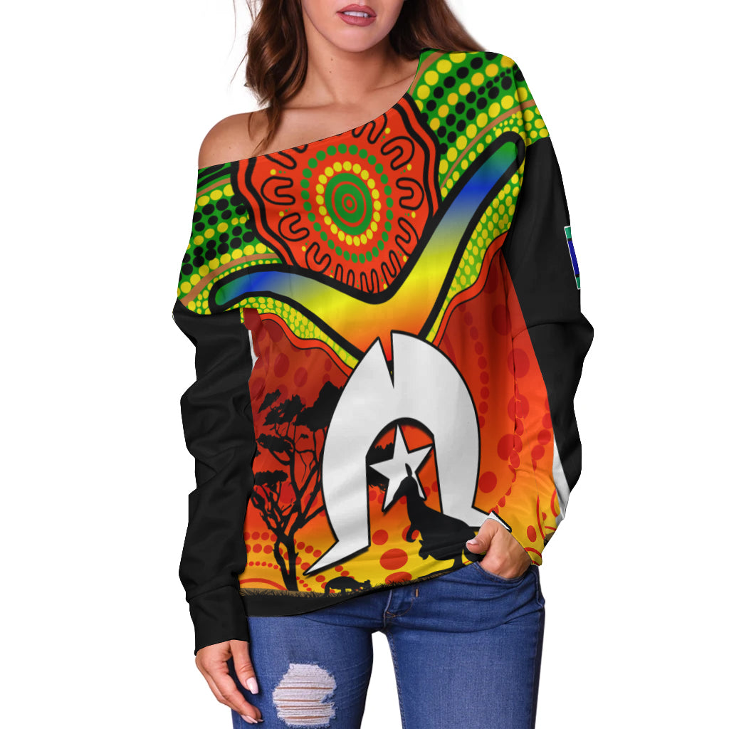 NAIDOC Week 2022 Women Off Shoulder Sweater Dhari Aboriginal Get Up! Stand Up! Show Up! LT13