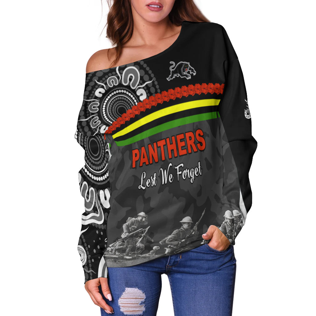 Panthers Anzac Day Women Off Shoulder Sweater Aboriginal Lest We Forget Ver.02 LT13