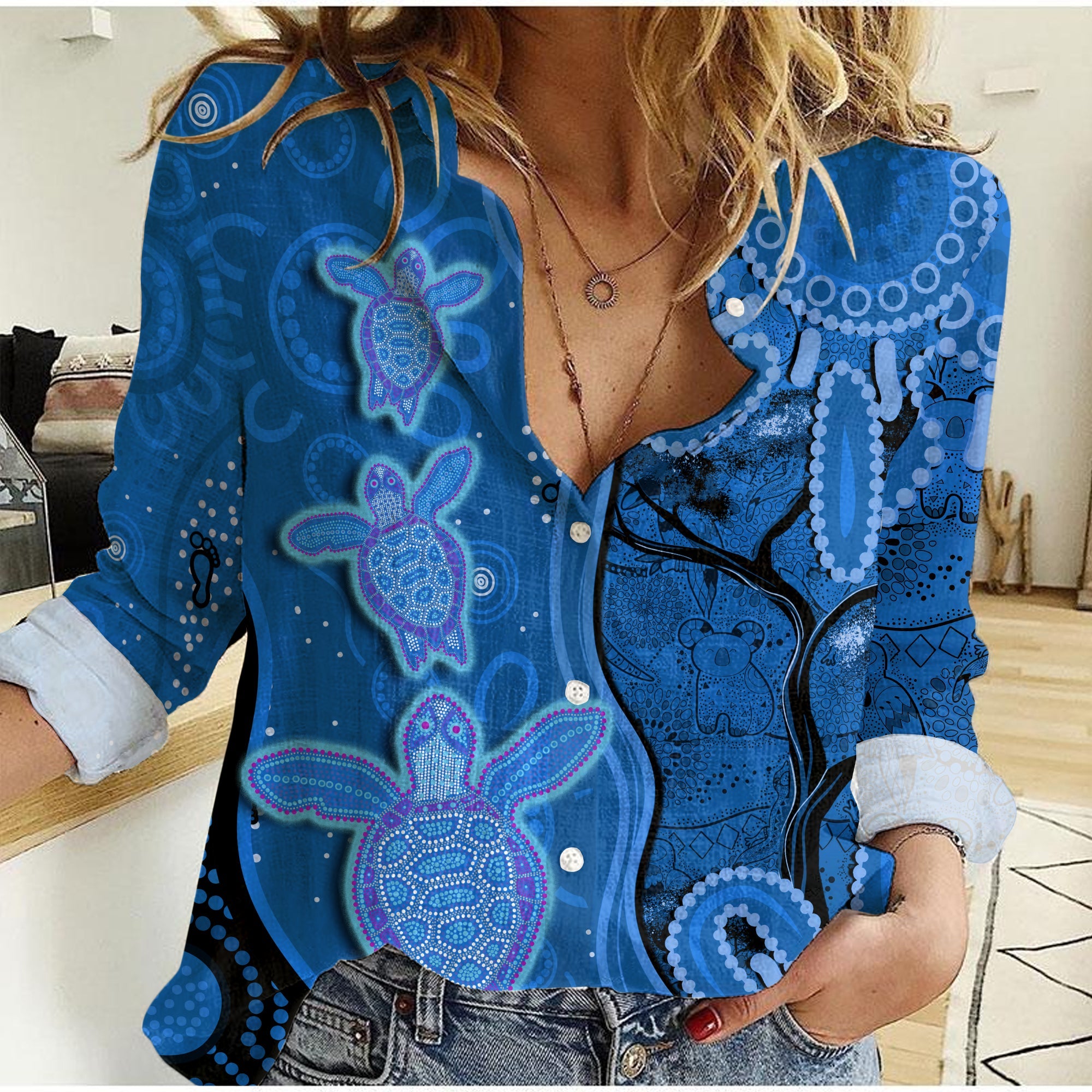 australian-aboriginal-art-women-casual-shirt-aussie-turtle-blue-version