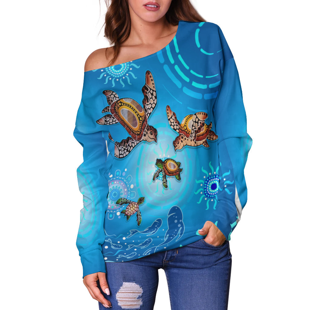 custom-personalised-australian-aboriginal-off-shoulder-sweater-happy-turtle-family-version-blue