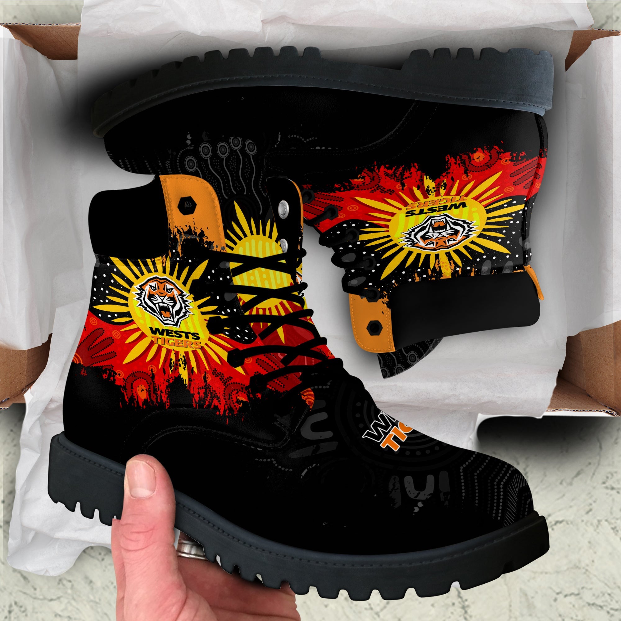 wests-tigers-all-season-boots-australian-aboriginal-flag-sun-painting-art-brush-nrl