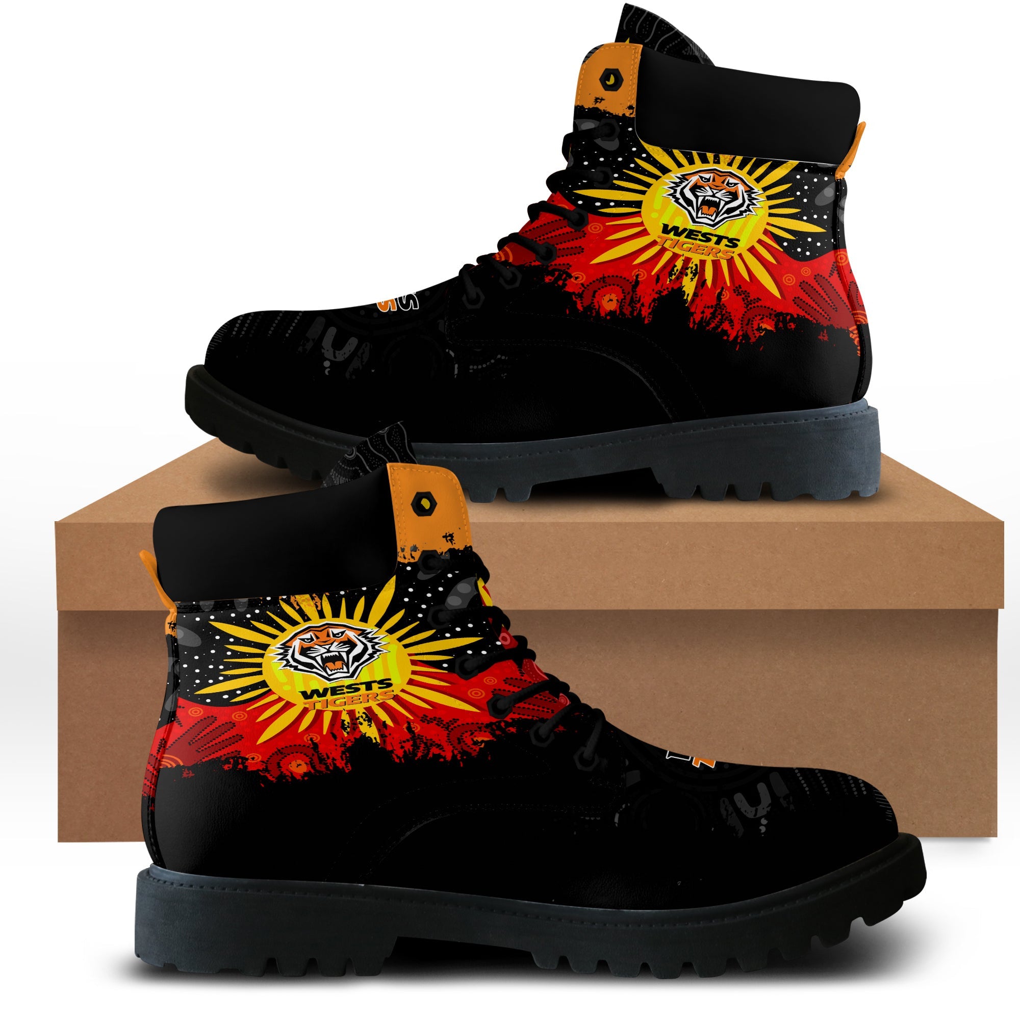 wests-tigers-all-season-boots-australian-aboriginal-flag-sun-painting-art-brush-nrl