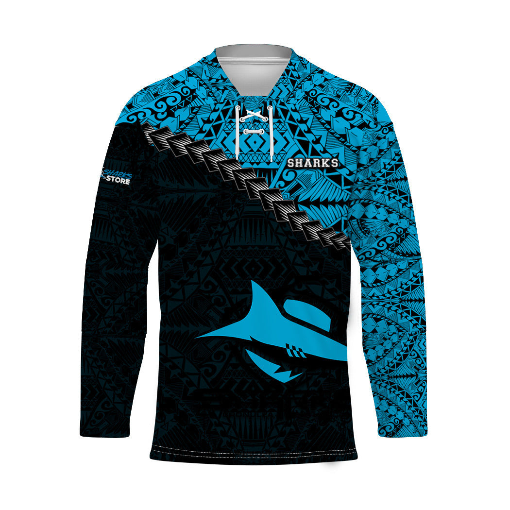 cronulla-sutherland-sharks-hockey-jersey-grunge-polynesian-tattoo-nrl