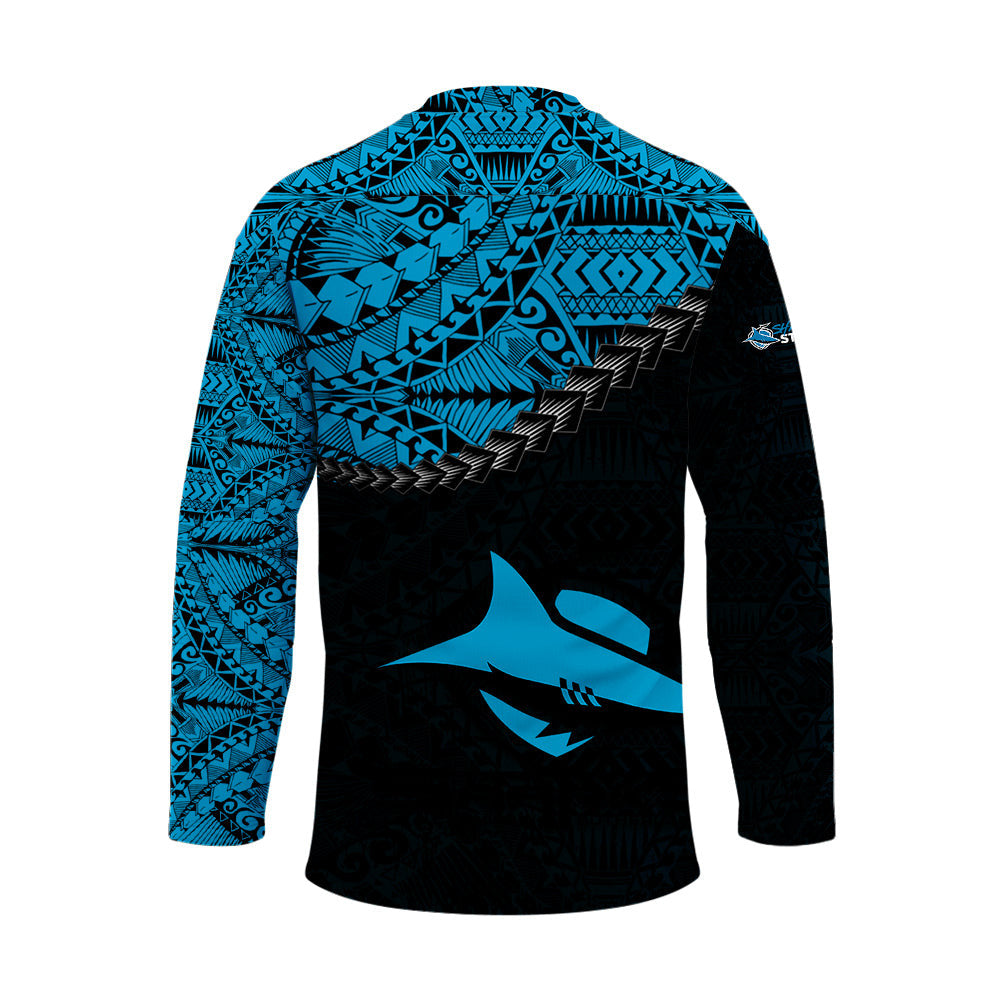 cronulla-sutherland-sharks-hockey-jersey-grunge-polynesian-tattoo-nrl