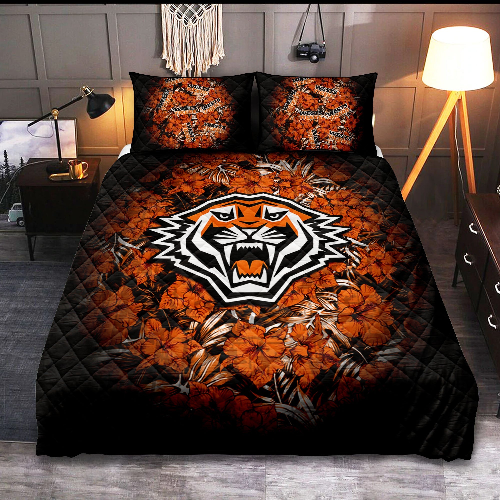 wests-tigers-quilt-bed-set-polynesian-hibiscus-tropical-vintage-nrl