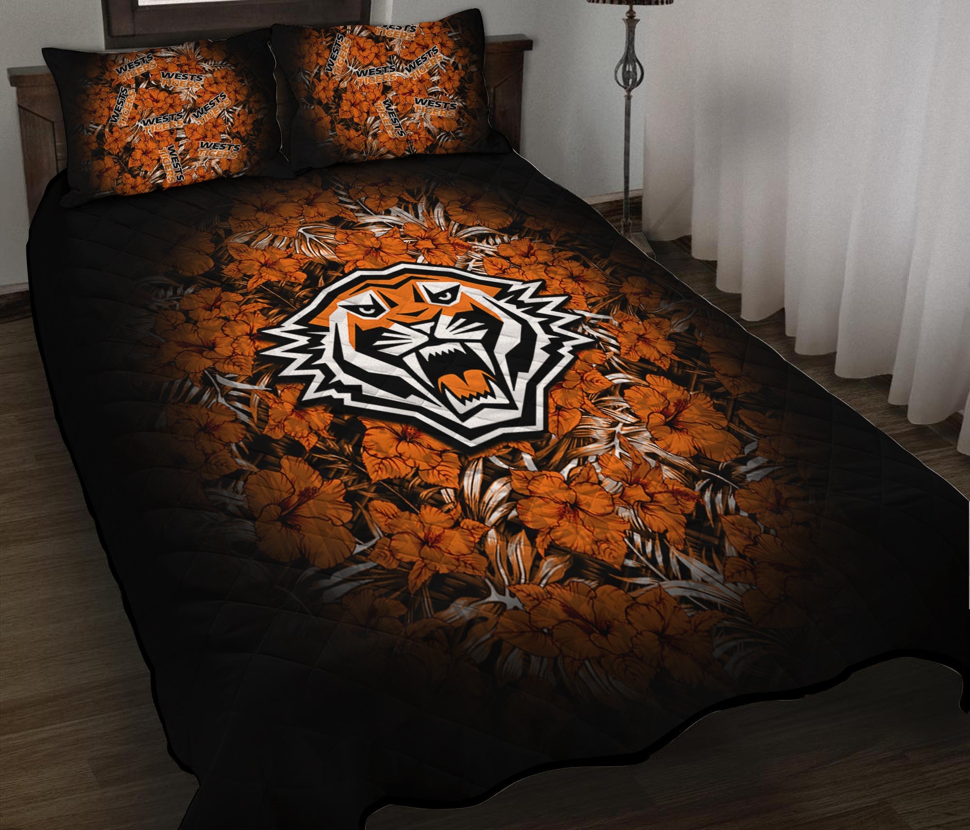 wests-tigers-quilt-bed-set-polynesian-hibiscus-tropical-vintage-nrl