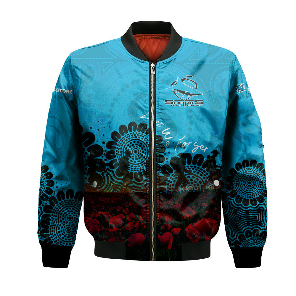 cronulla-sutherland-sharks-bomber-jacket-personalized-aboriginal-rugby-anzac-day-poppy-with-soldiers-nrl