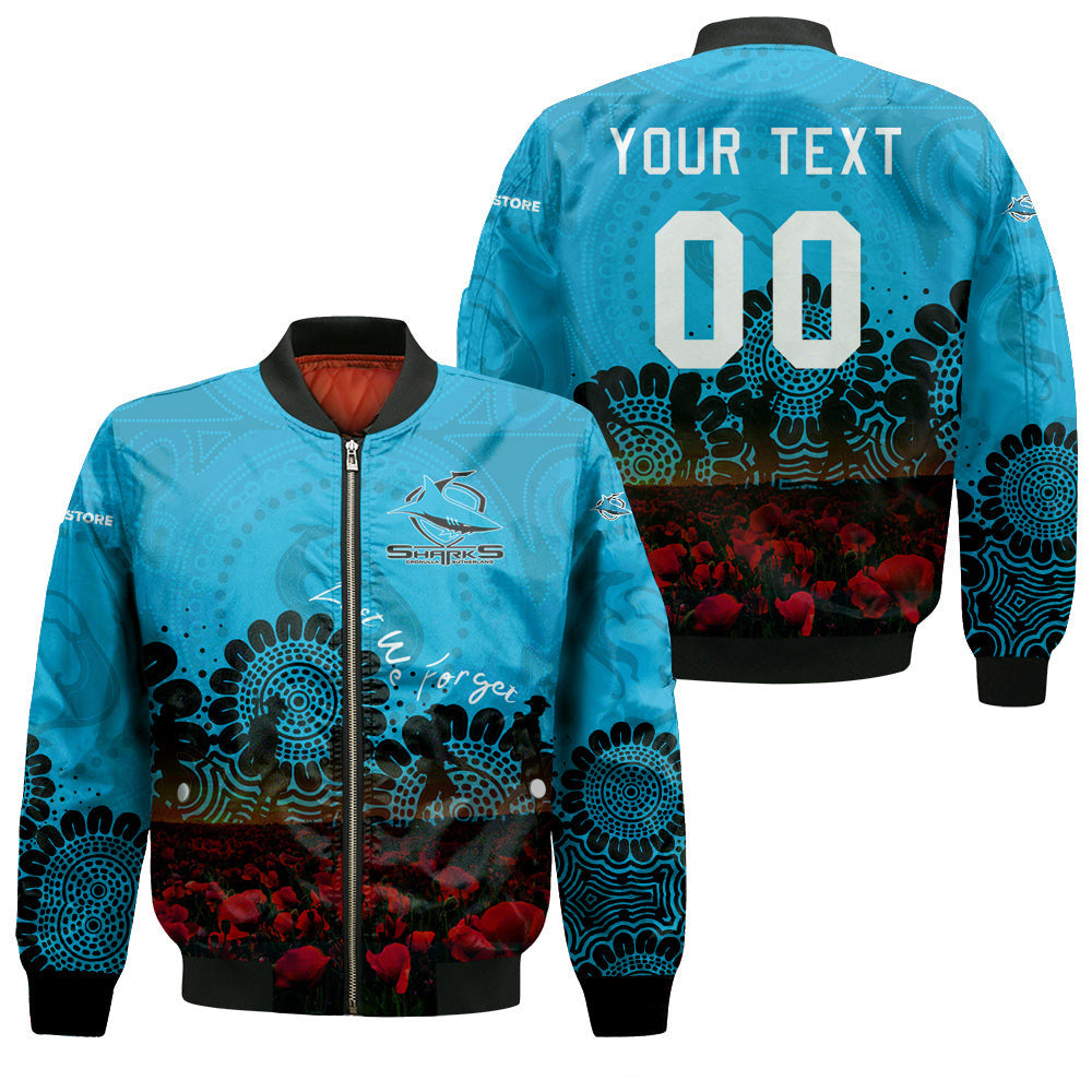 cronulla-sutherland-sharks-bomber-jacket-personalized-aboriginal-rugby-anzac-day-poppy-with-soldiers-nrl