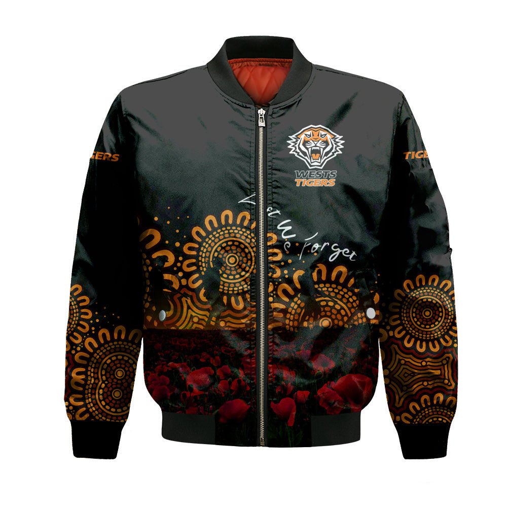 wests-tigers-bomber-jacket-personalized-aboriginal-rugby-anzac-day-poppy-with-soldiers-nrl