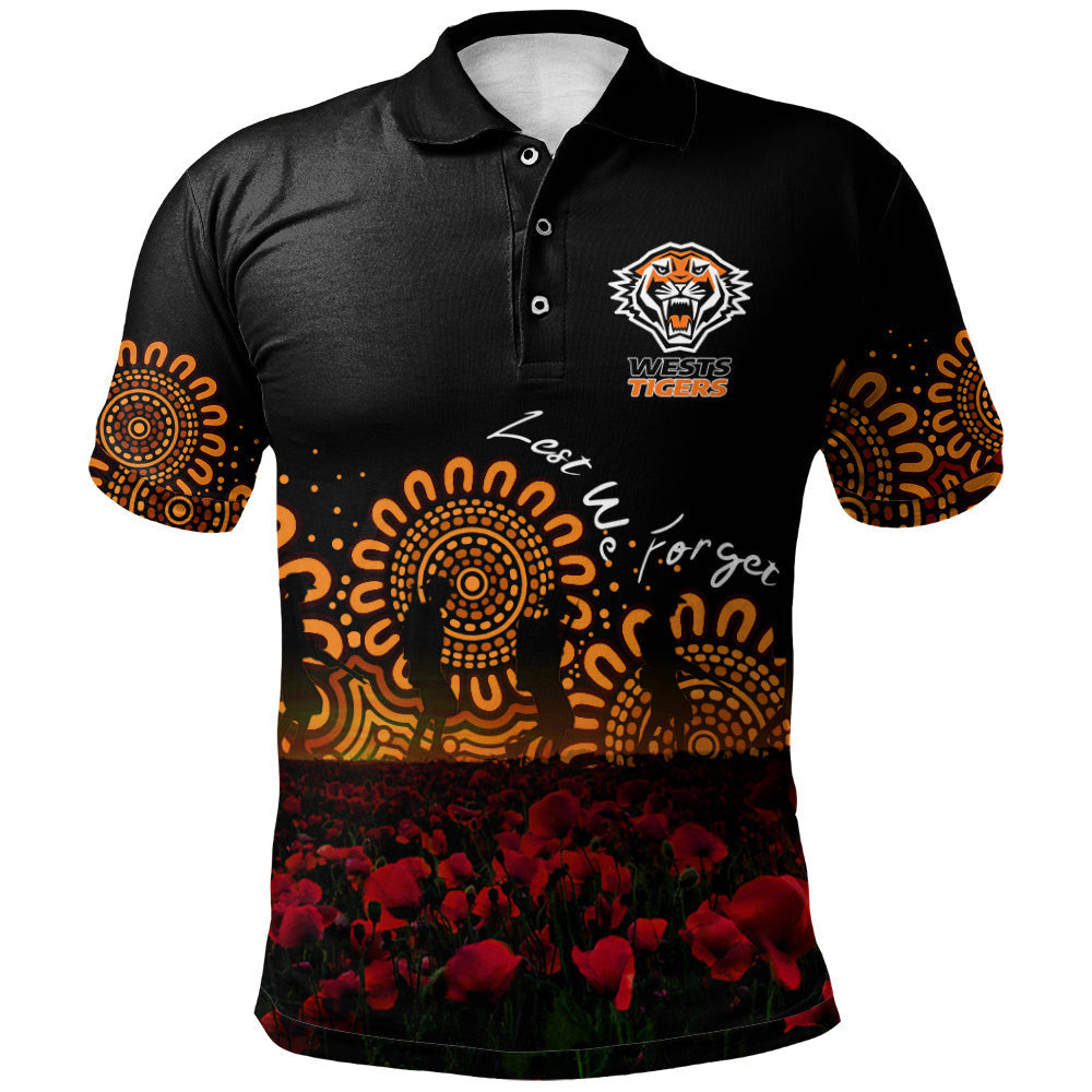 wests-tigers-polo-shirt-personalized-aboriginal-rugby-anzac-day-poppy-with-soldiers-nrl